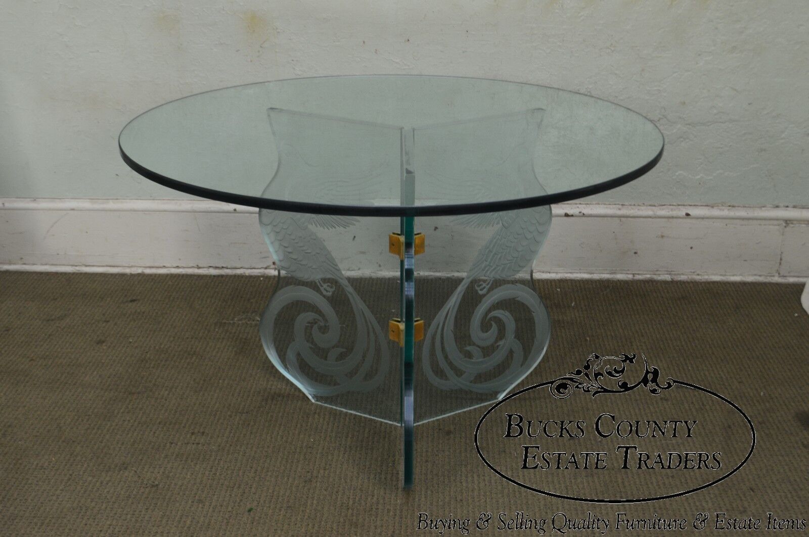 Contemporary Phoenix Etched Round Glass Dining Table (possibly Pace)