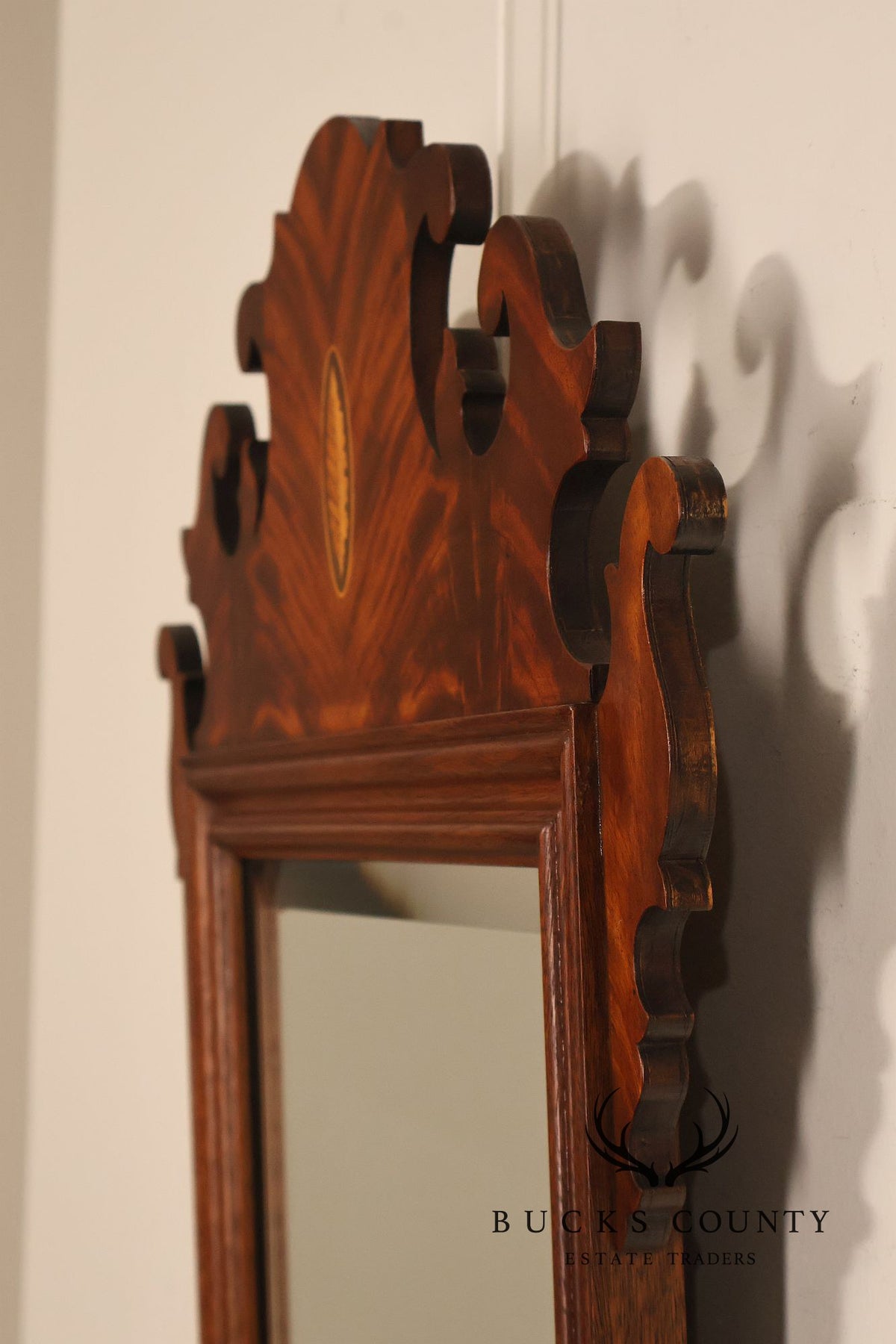 Traditional Chippendale Style Inlaid Mahogany Beveled Wall Mirror