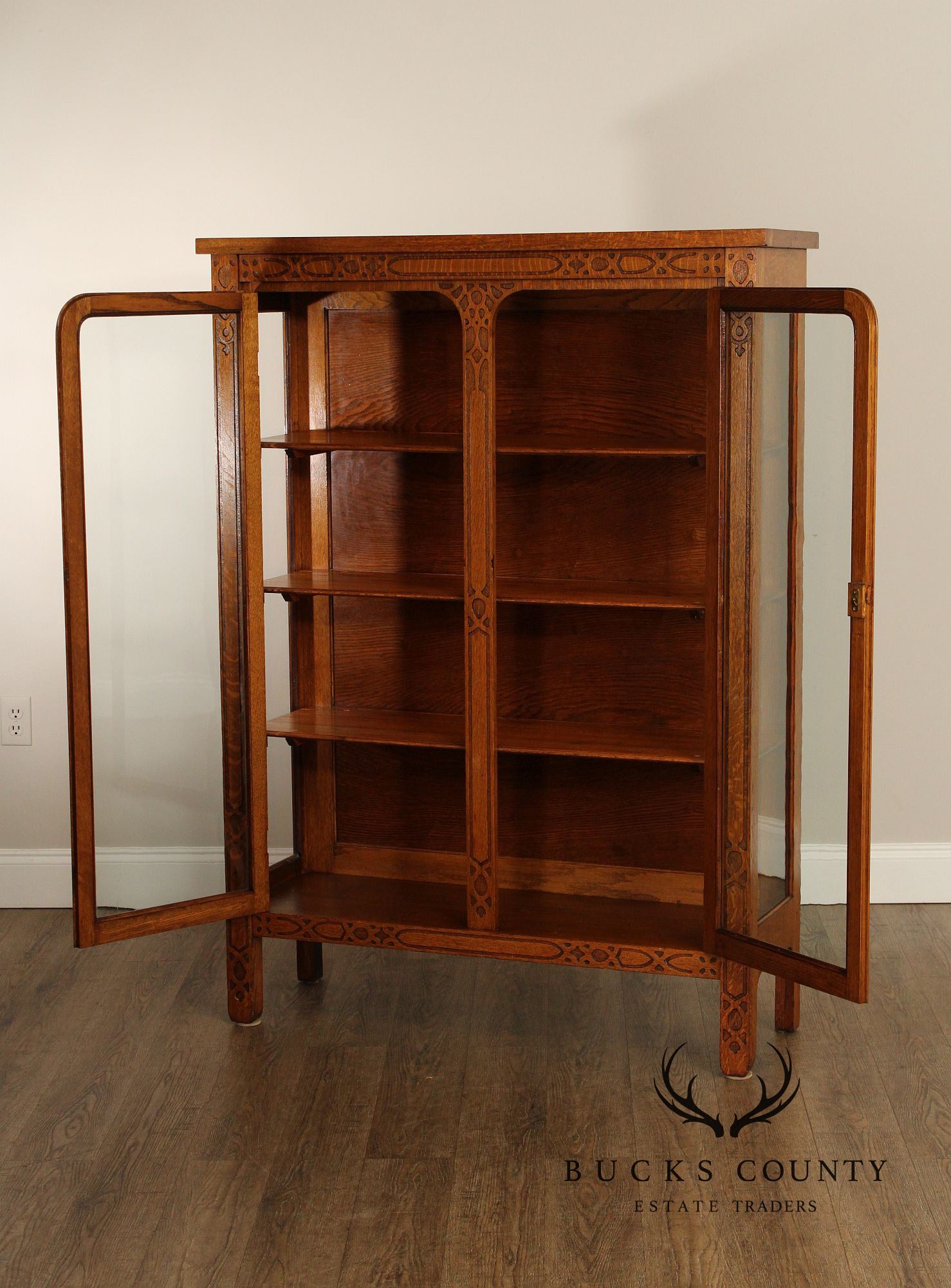 Arts and Crafts Antique Golden Oak Two-Door China Cabinet Bookcase