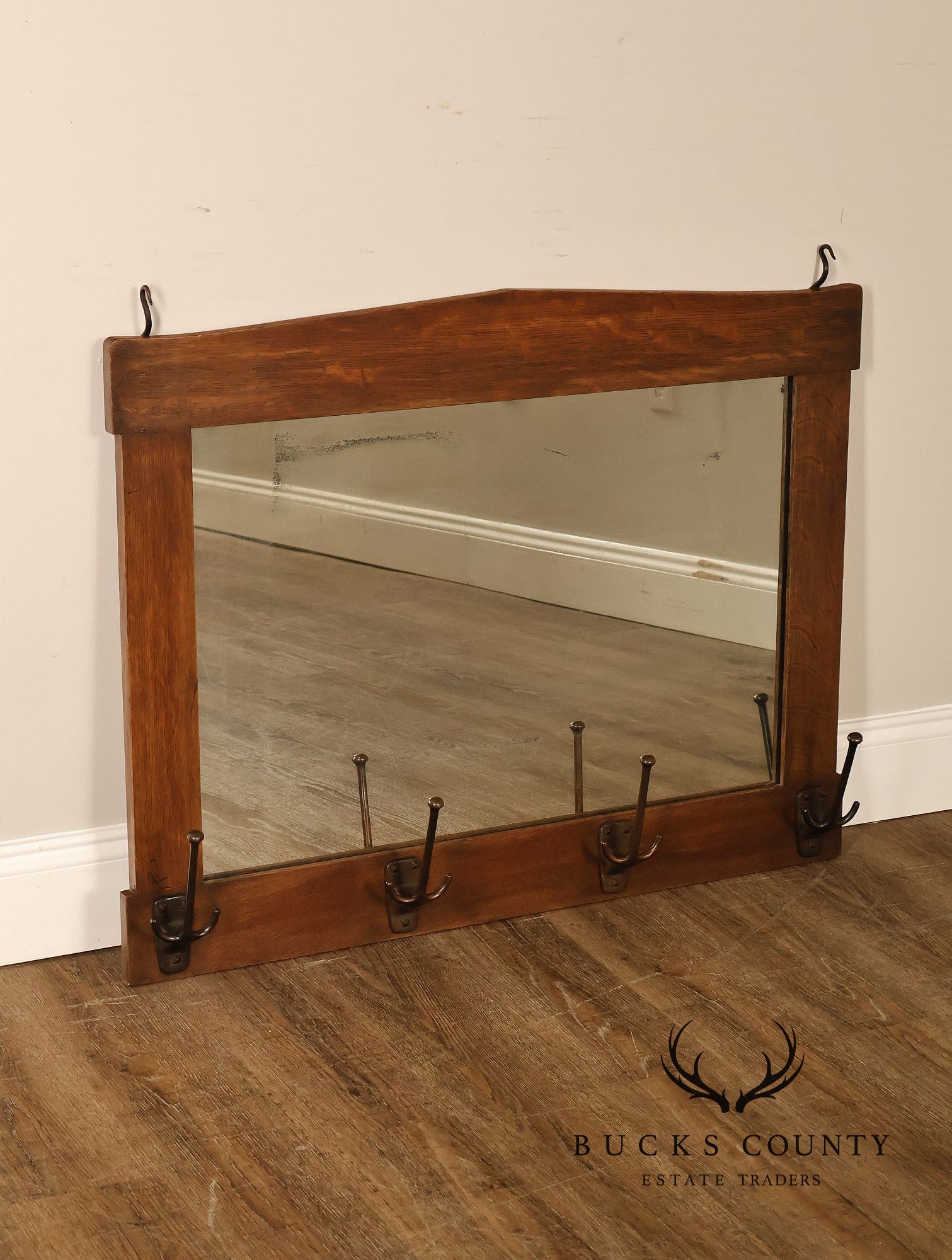 Gustav Stickley Antique Mission Oak Wall Mirror With Coat Hooks #66