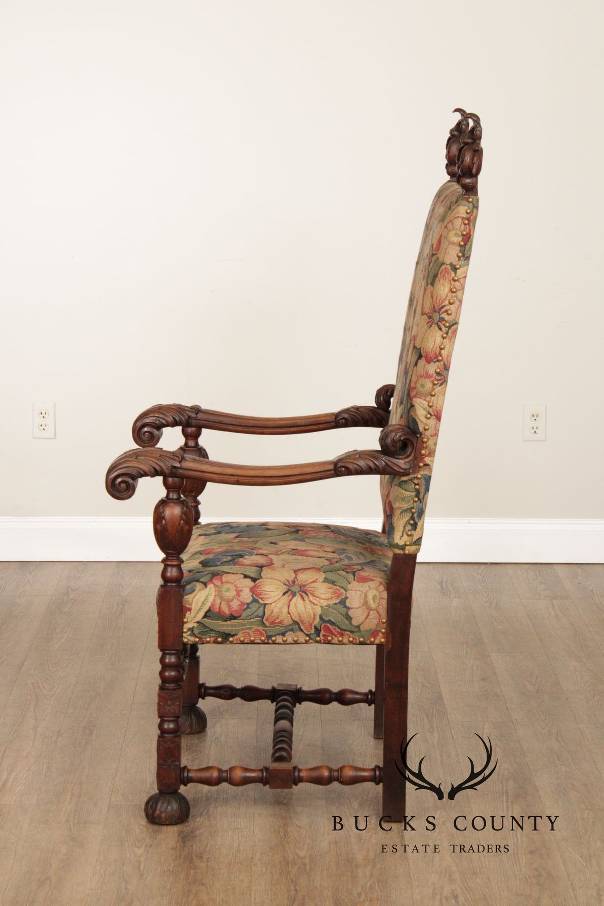 Antique French Baroque Style Carved Walnut Armchair