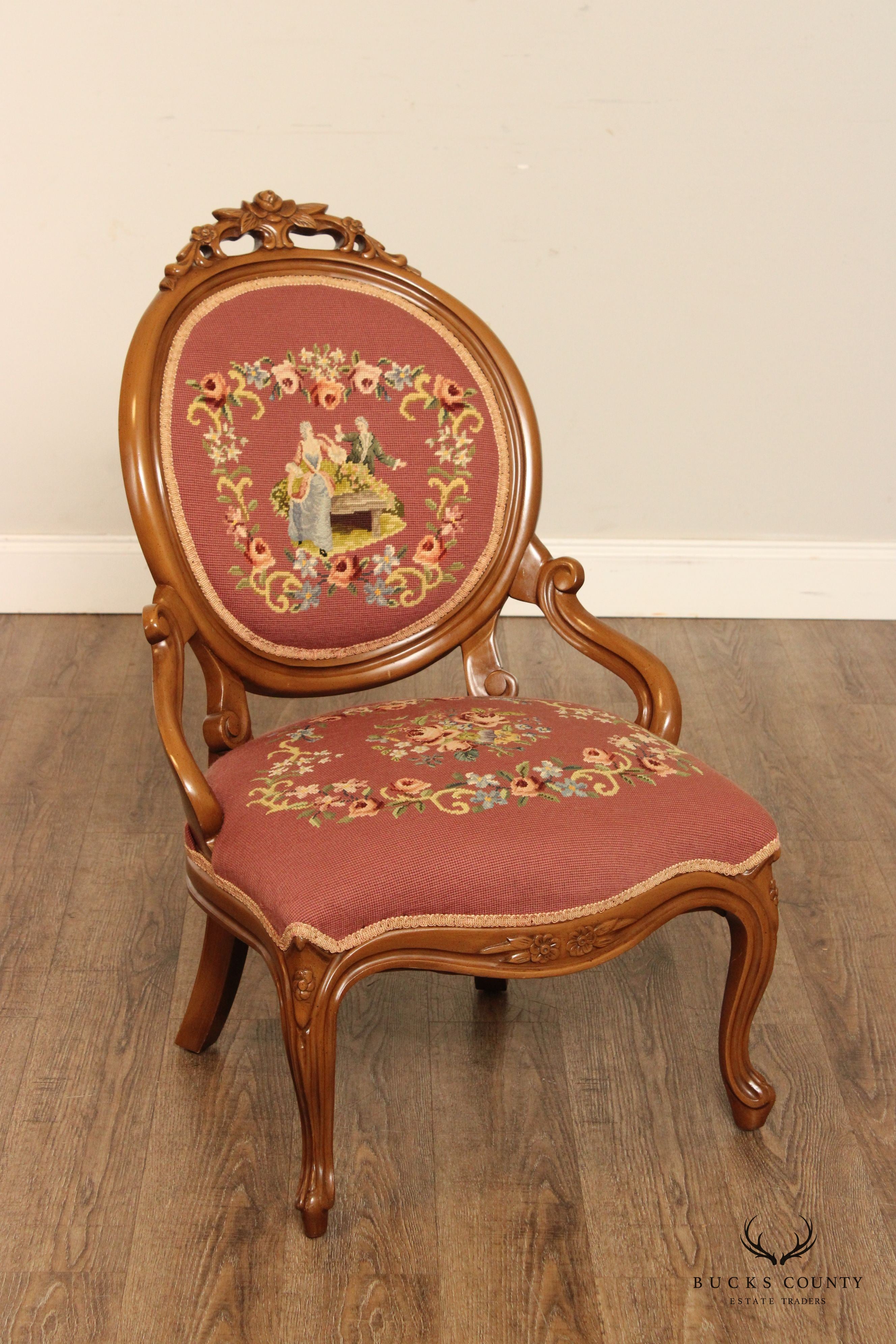 Victorian Pair of Needlepoint Upholstered Parlor Armchairs