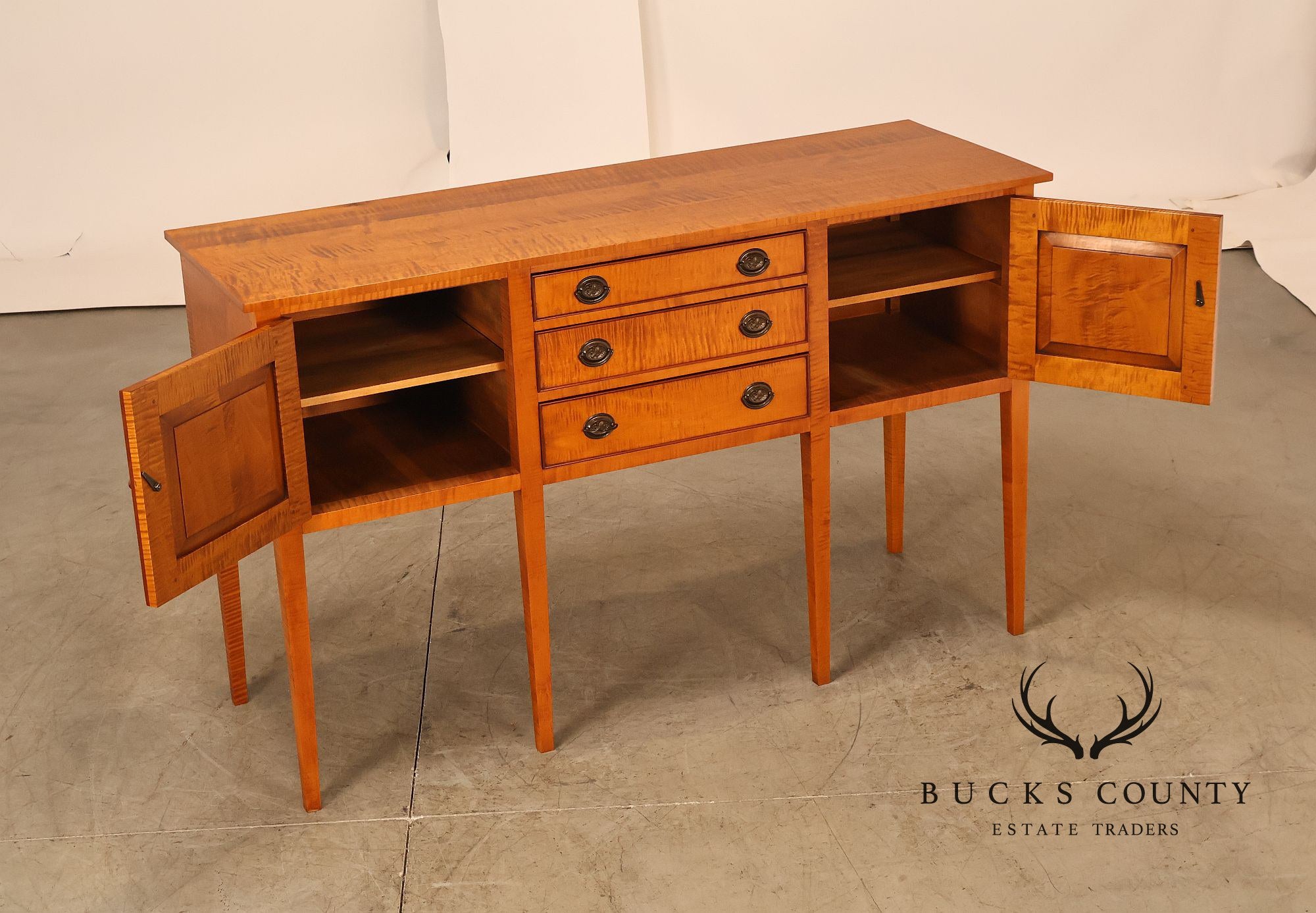 Eldred Wheeler Tiger Maple Tapered Leg Sideboard
