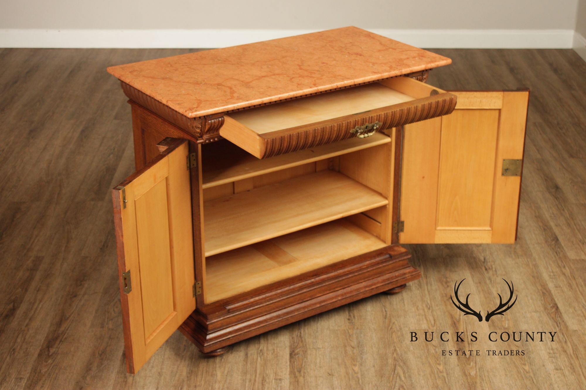 Antique German Renaissance Revival Carved Oak Marble Top Cabinet