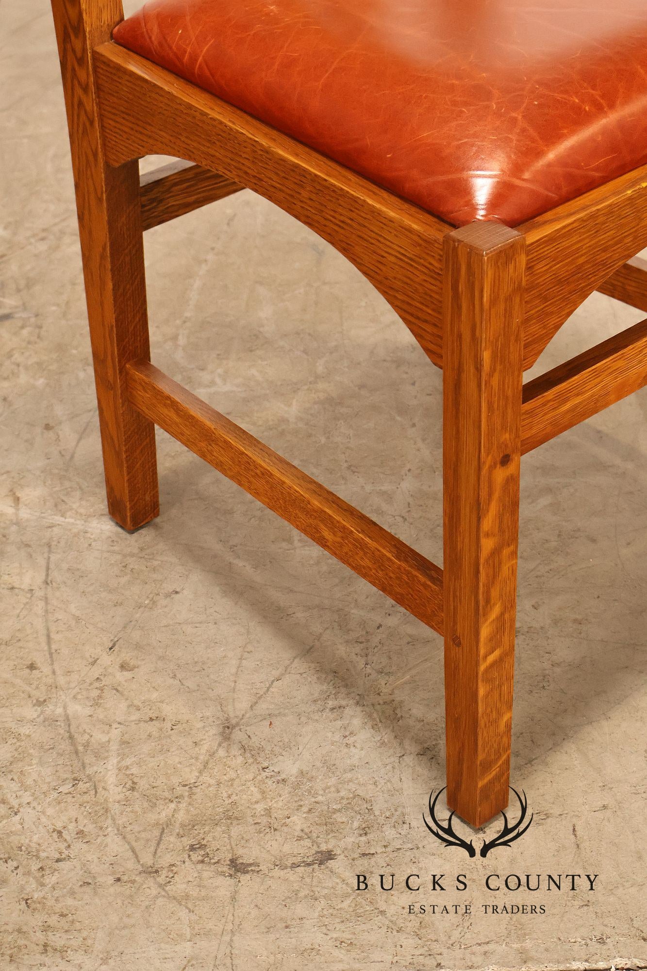 Stickley Harvey Ellis Set of Four Inlaid Oak and Leather Dining Chairs