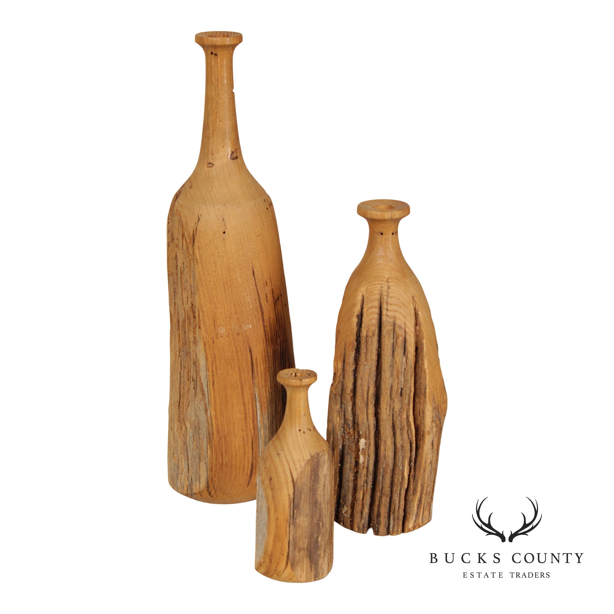 Vintage Set of Three Carved Wood Bottles