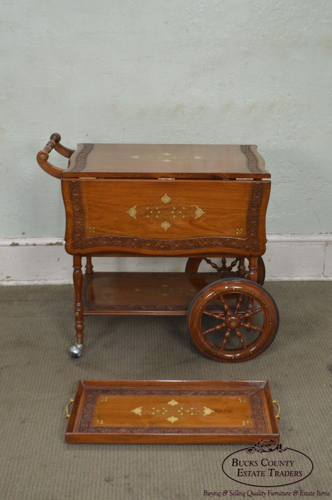 India Teak Wood Brass Marquetry Inlaid Serving Tea Cart