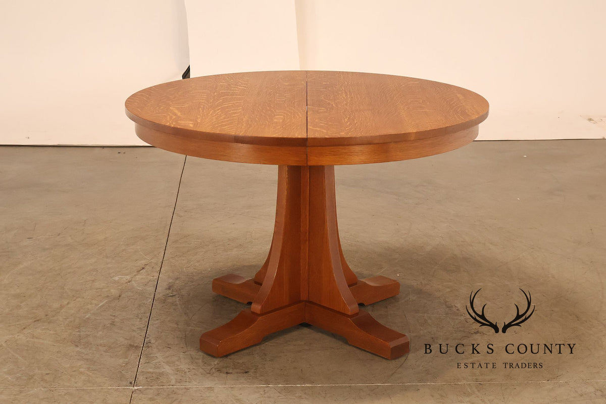 Stickley Mission Collection Round Oak Pedestal Dining Table With Two Leaves