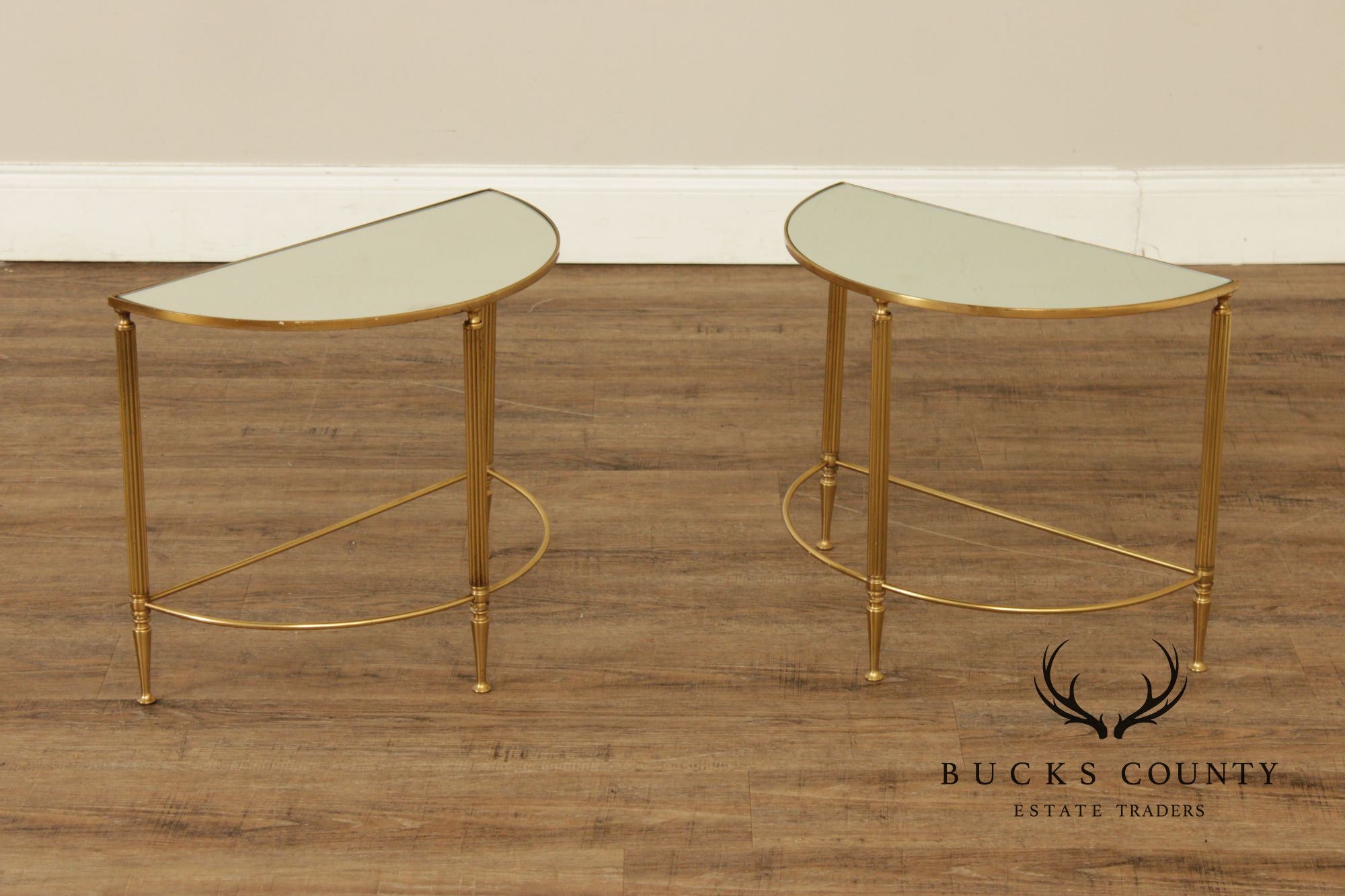 Directoire Style Vintage Pair of Brass Demilune Side Tables