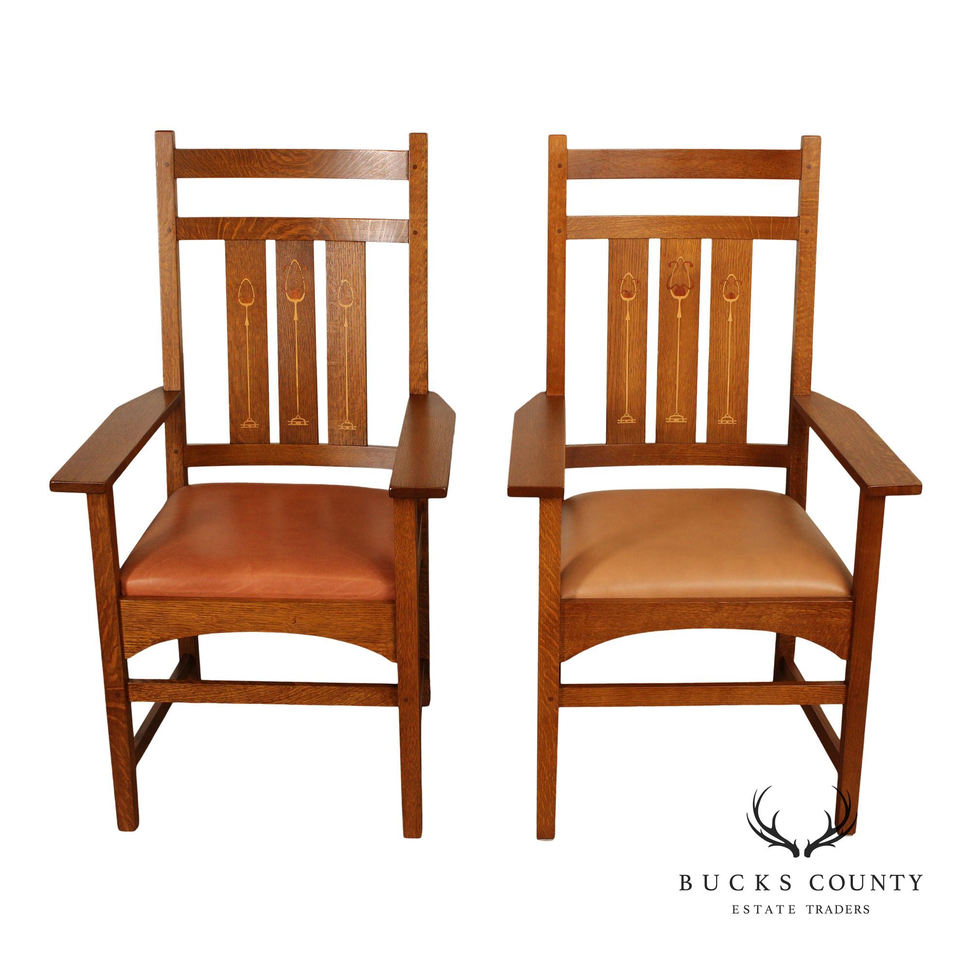 Stickley Mission Collection Pair of Harvey Ellis Inlaid Oak Dining Armchairs