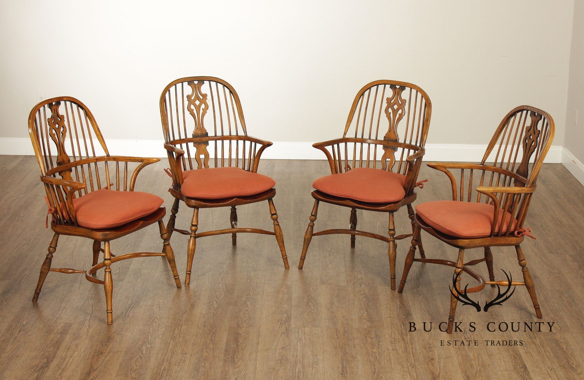 Vintage Set of Four English Oak Windsor Dining Armchairs