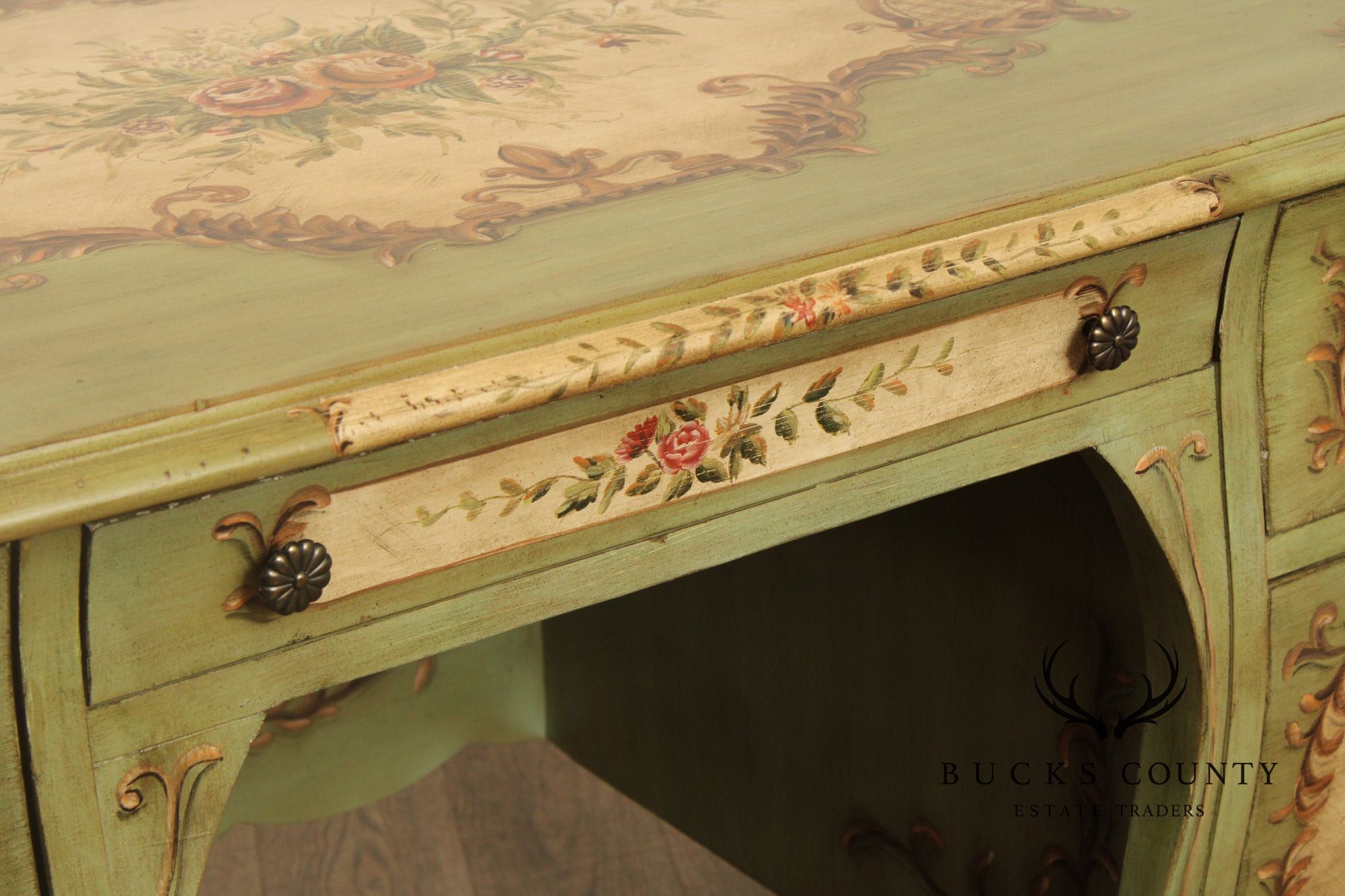 Lane French Louis XV Style Bombe Paint Decorated Executive Desk