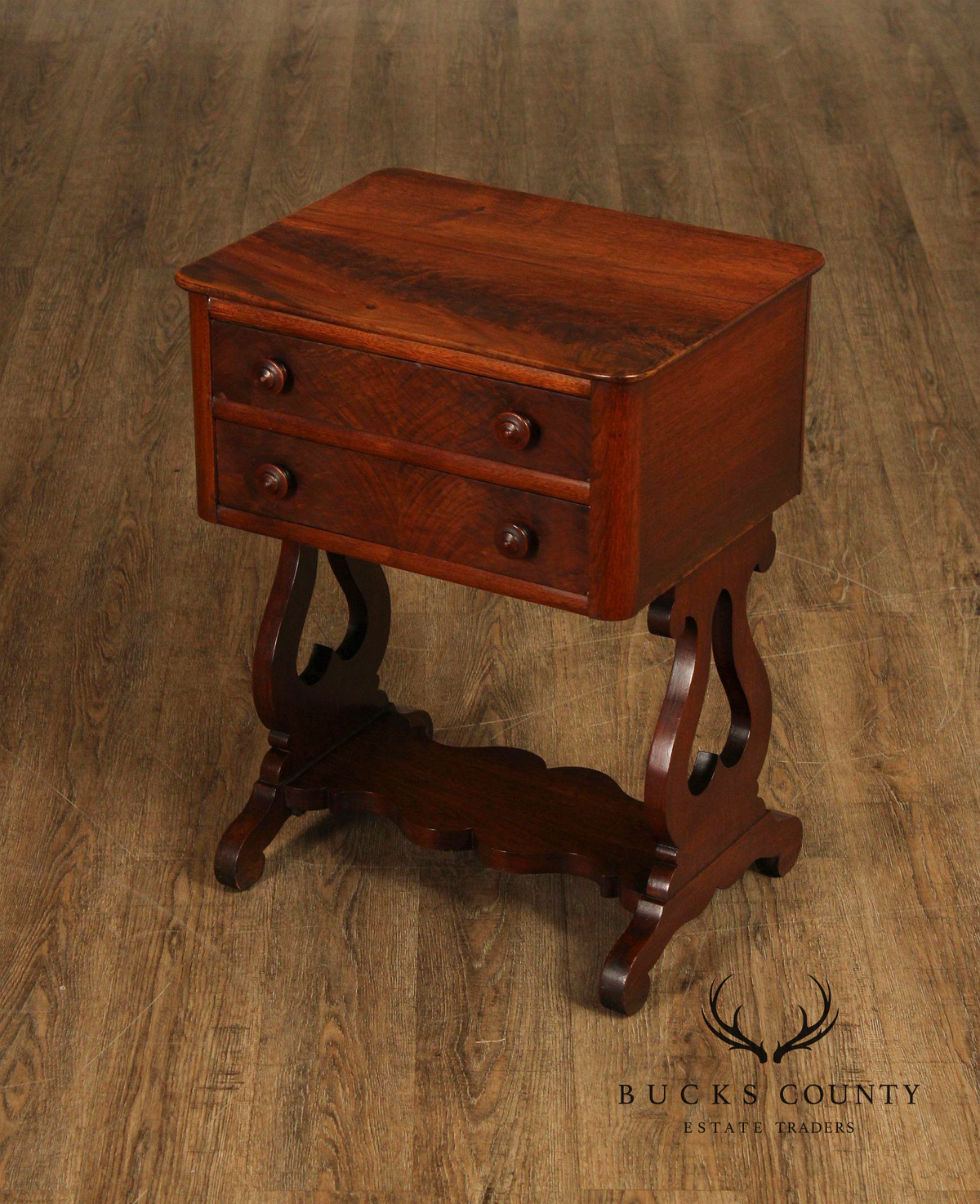 Antique American Empire Mahogany Lyre Form Two-Drawer Work Table