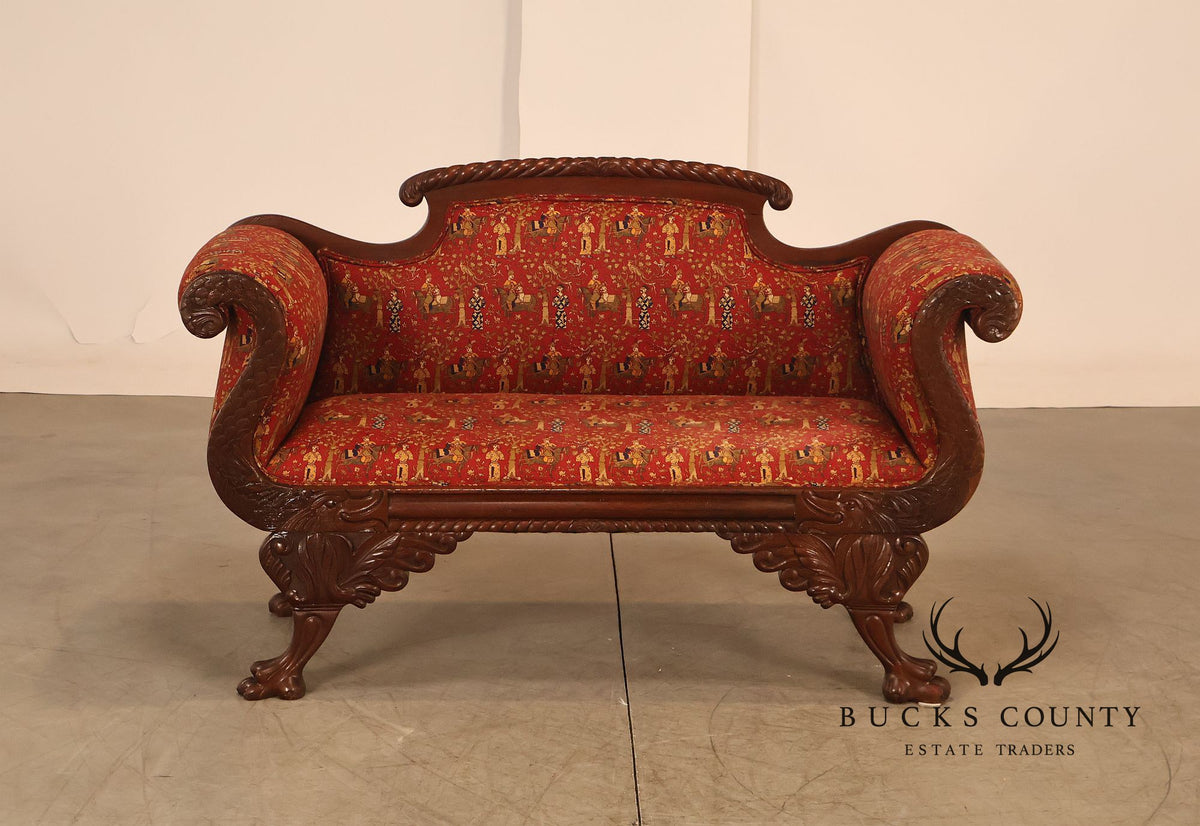Antique American Empire Carved Mahogany Sofa With Scrolled Arms And Lion Paw Feet