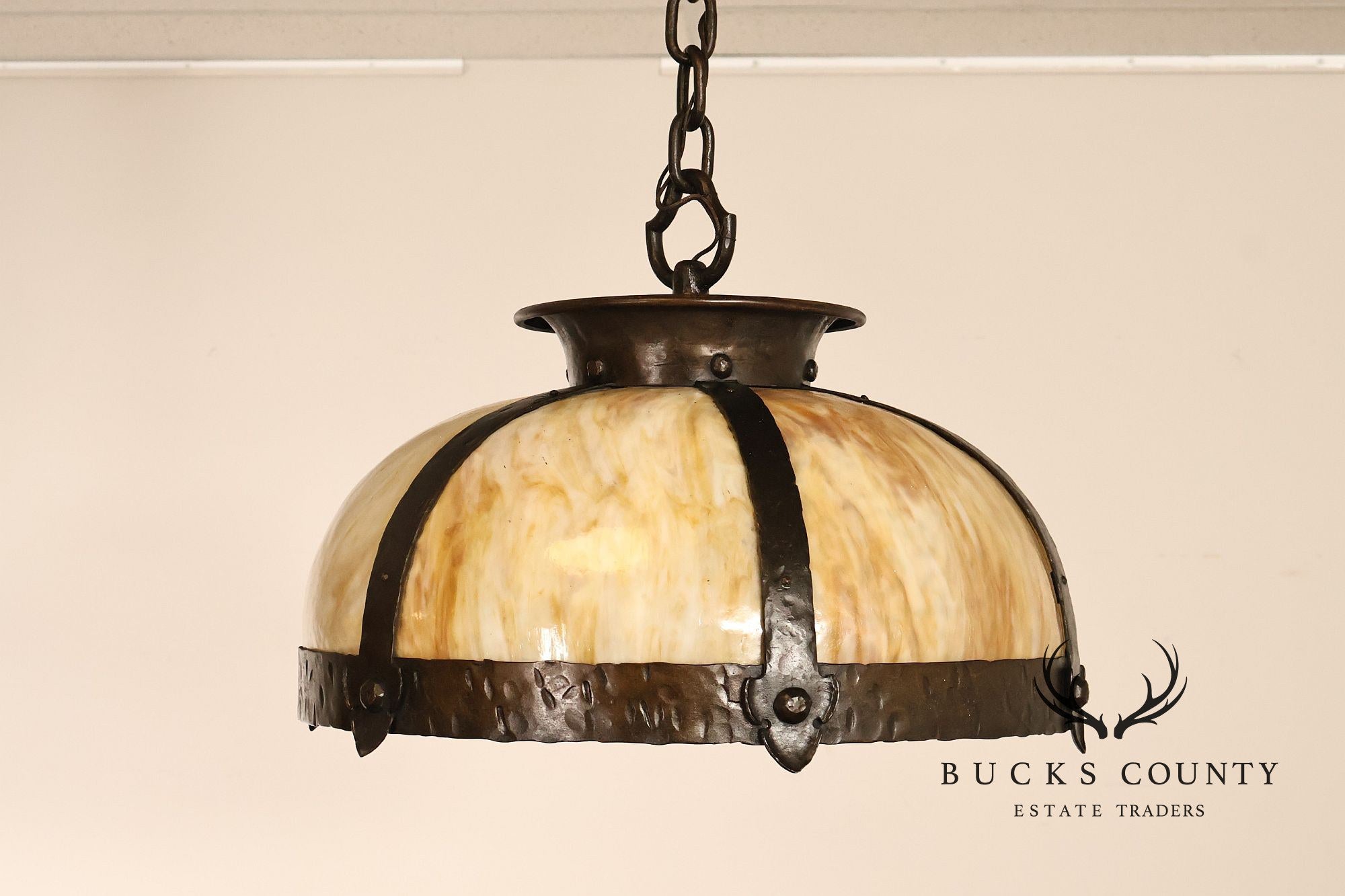 Antique Arts & Crafts Style Slag Glass Dome Pendant Chandelier