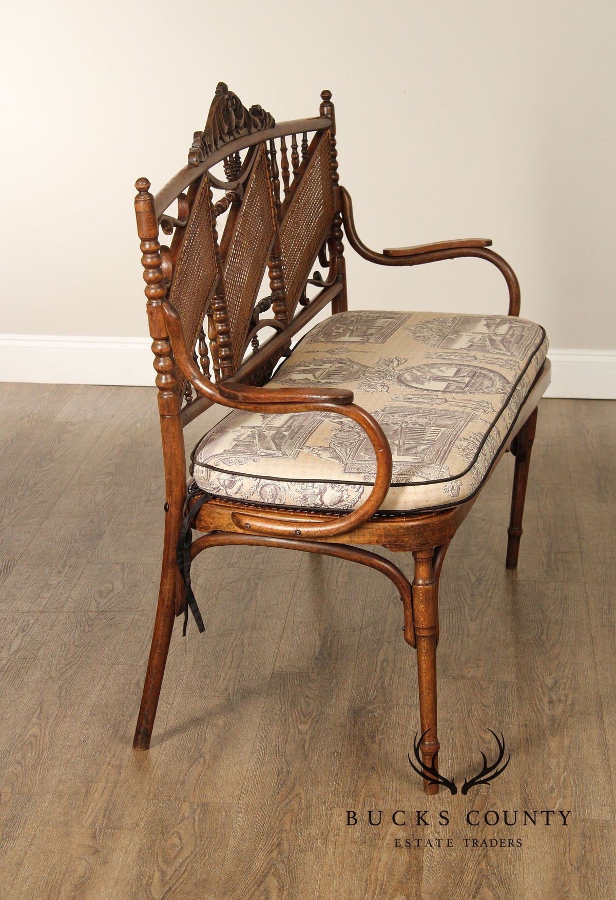 Vintage Thonet Style Bentwood And Caned Settee With Upholstered Cushion