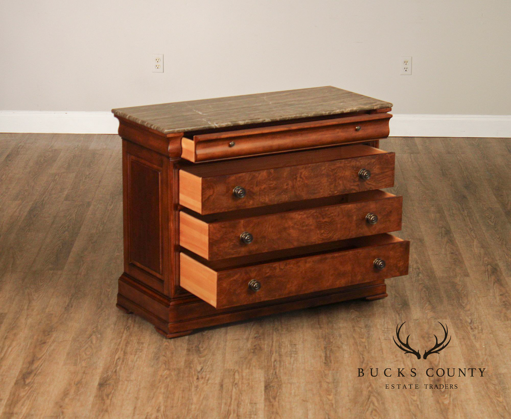 Ethan Allen Louis Philippe Style Pair of 'Fisher' Marble Top Chests