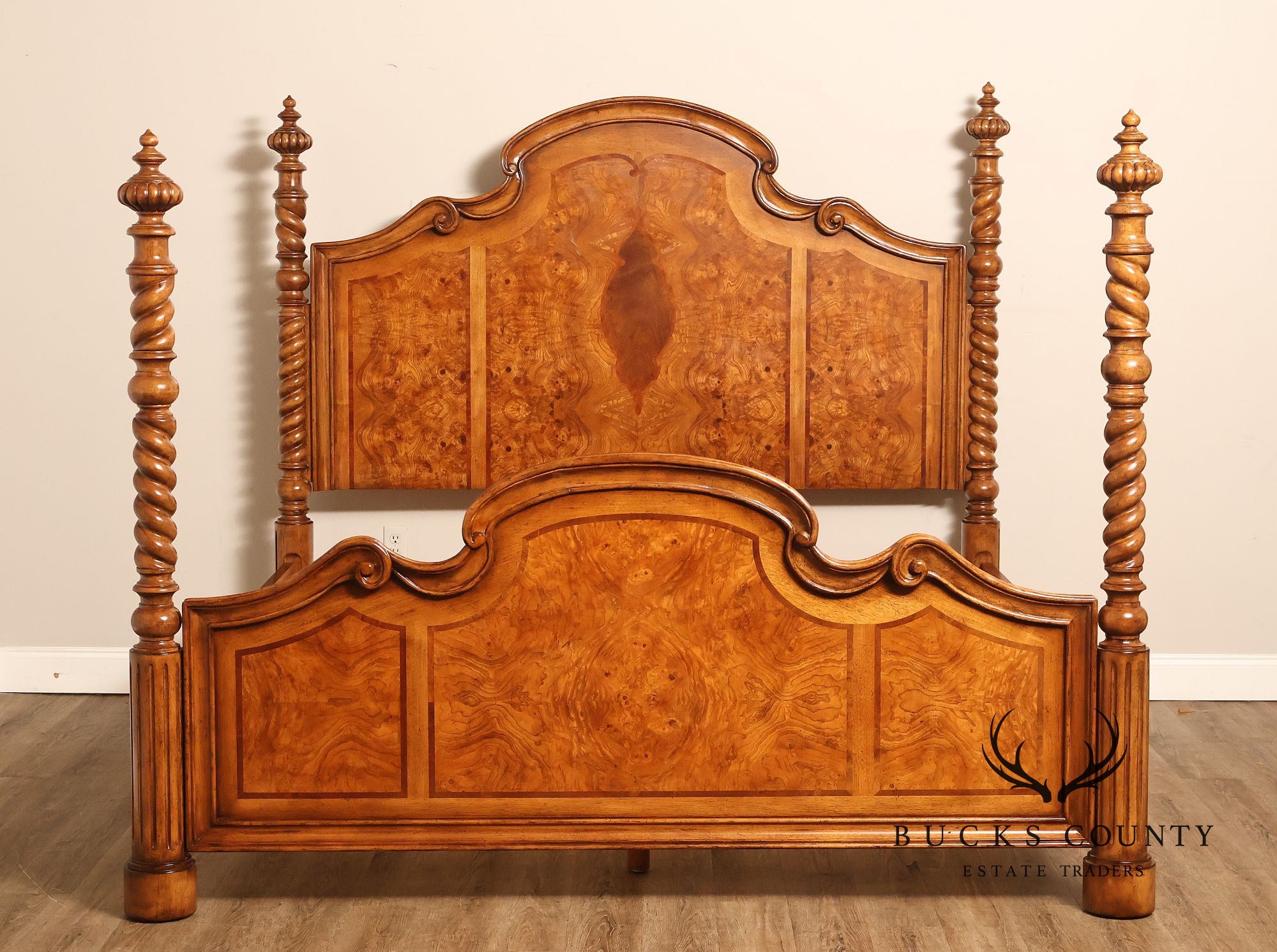 Drexel Heritage Venetian Collection Bookmatched Burl Wood King Four Poster Bed