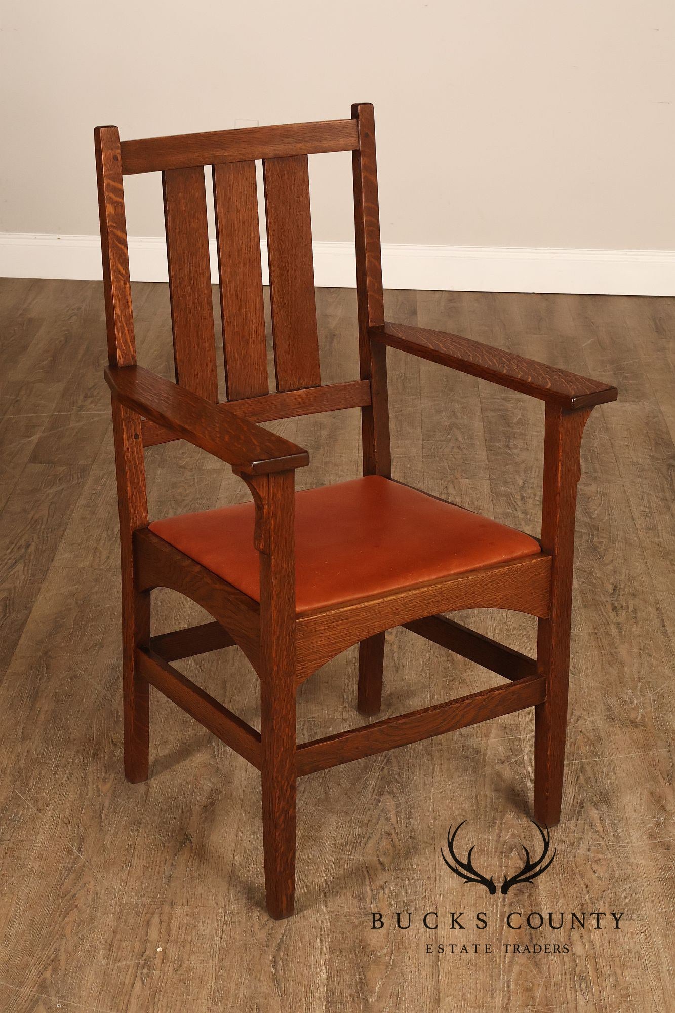 Gustav Stickley Antique Mission Oak Arts And Crafts Armchair With Leather Seat