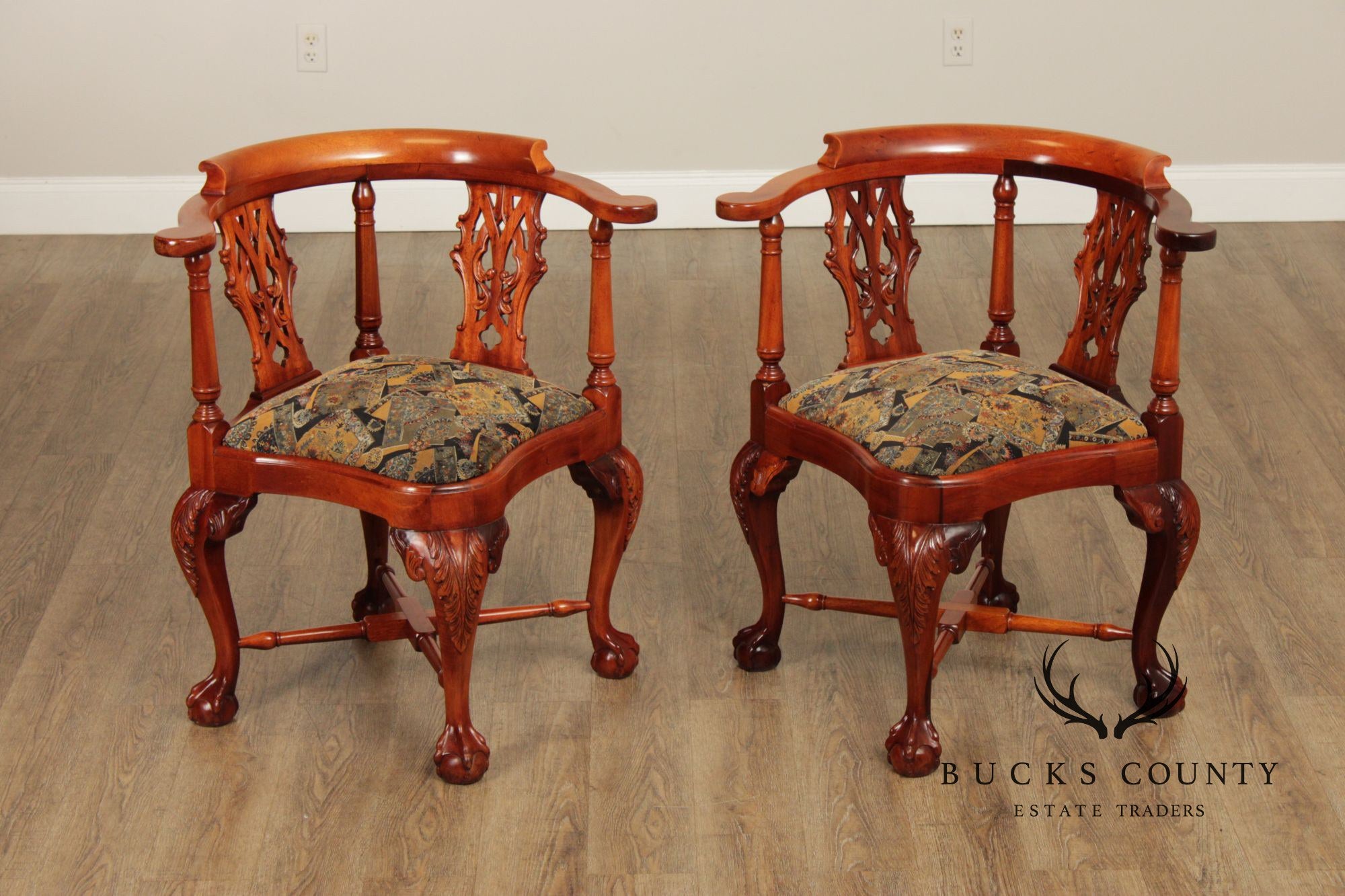 Chippendale Style Pair Of Mahogany Ball And Claw Corner Chairs