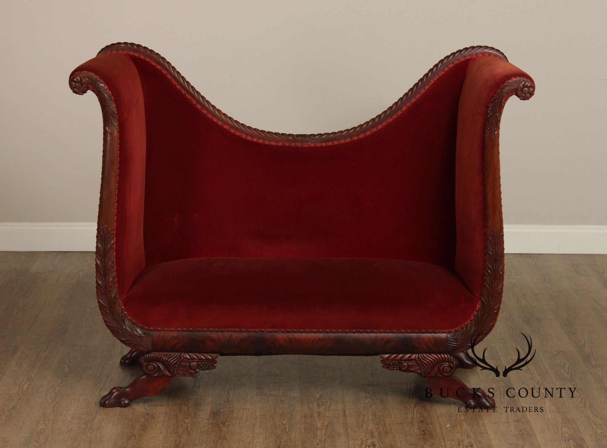 Antique Pair of Classical Empire Carved Mahogany Settees