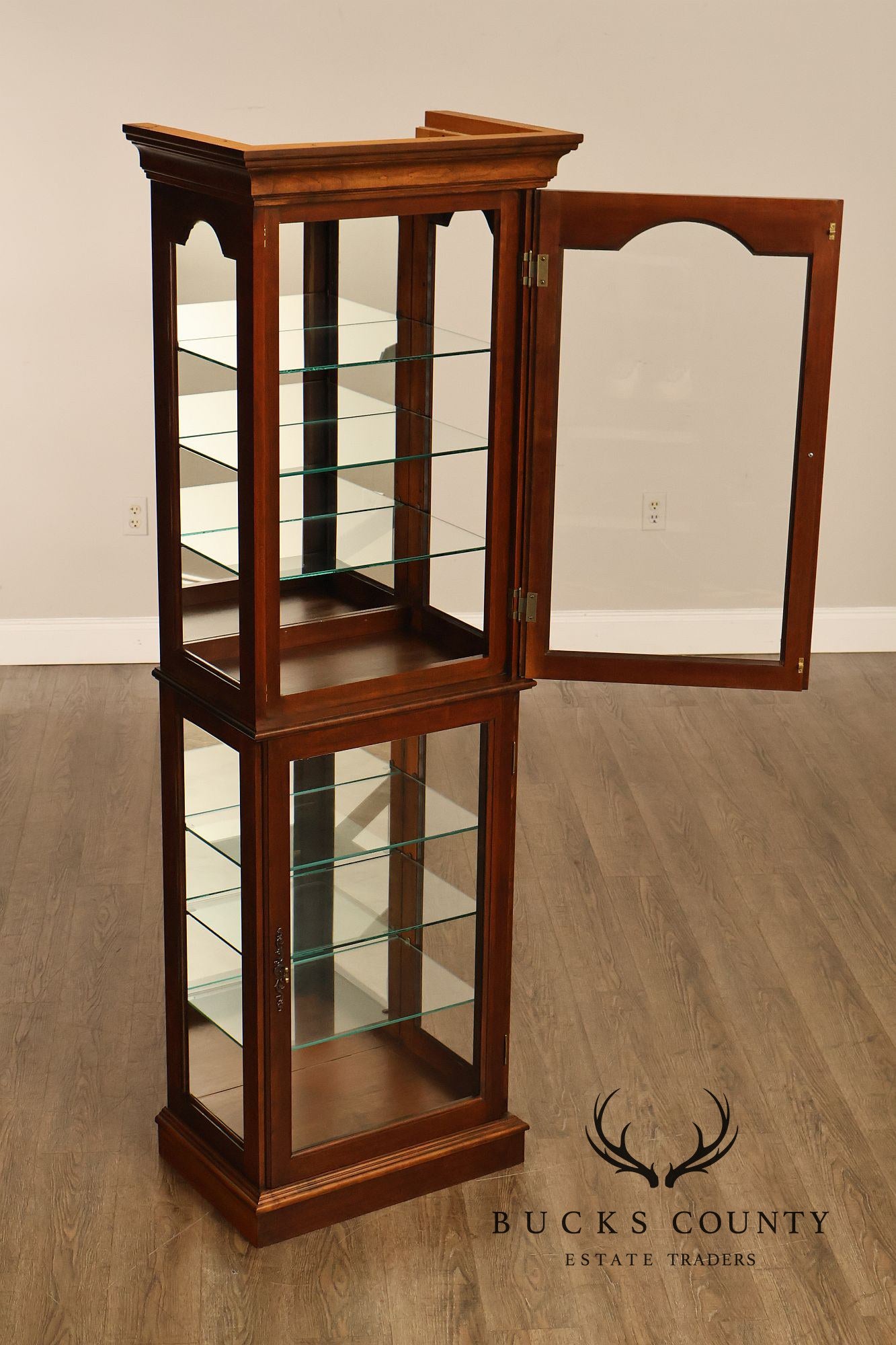 Narrow Cherry Lighted Curio Display Cabinet With Glass Shelves
