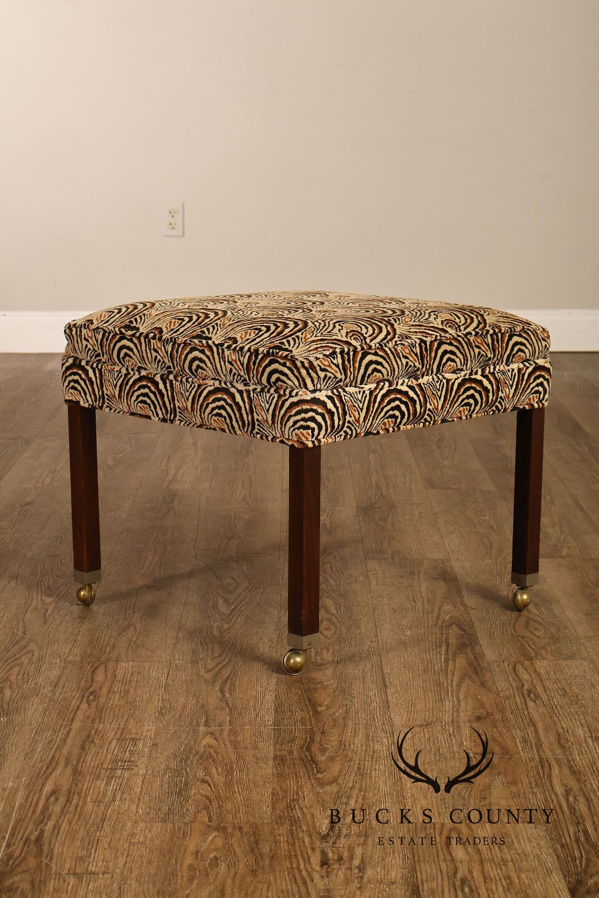 Postmodern Style Pair Of Square Upholstered Stools With Brass Casters