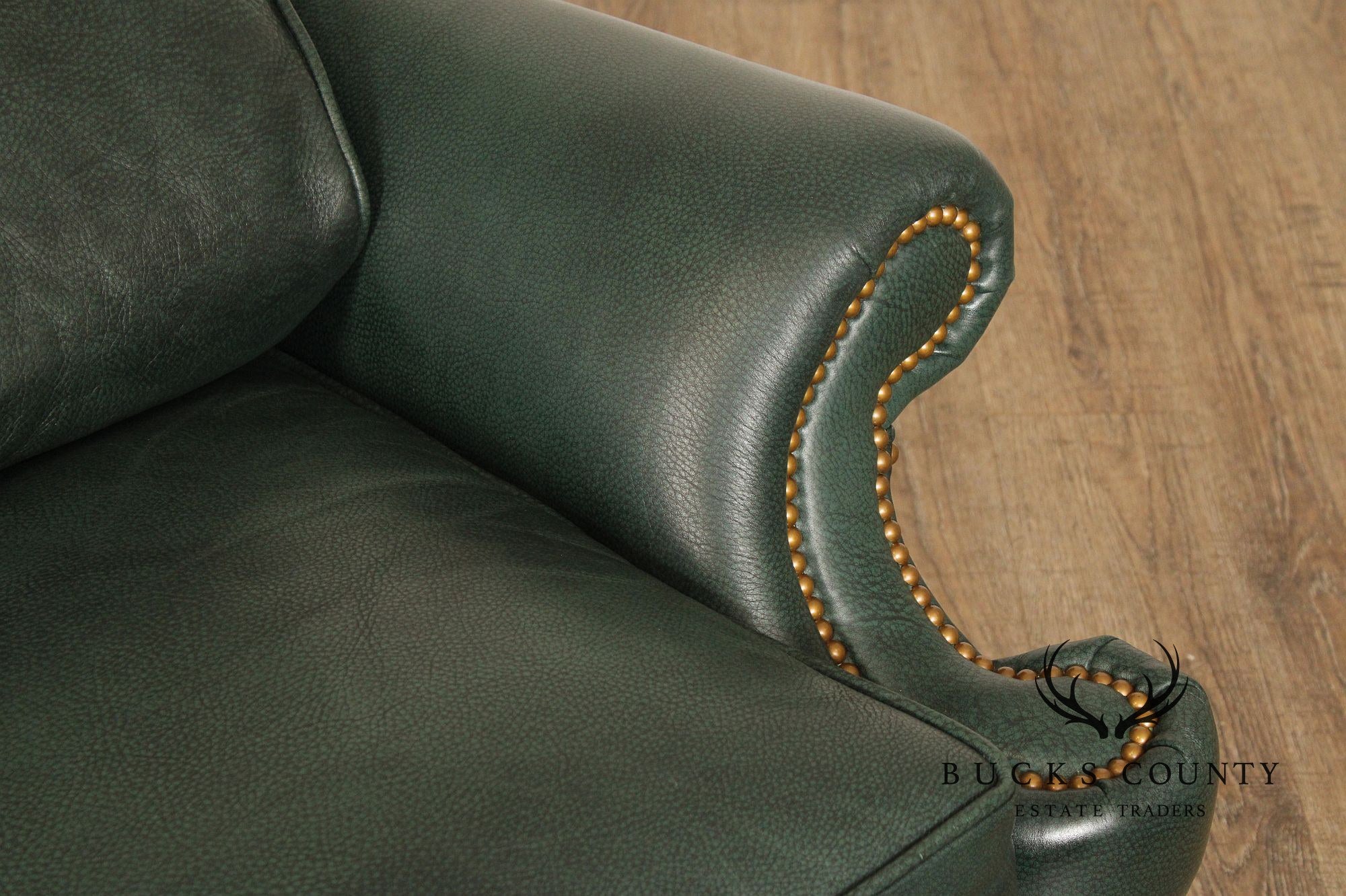 Hancock & Moore Chippendale Style Pair Of Green Leather Bustle Back Wing Chairs