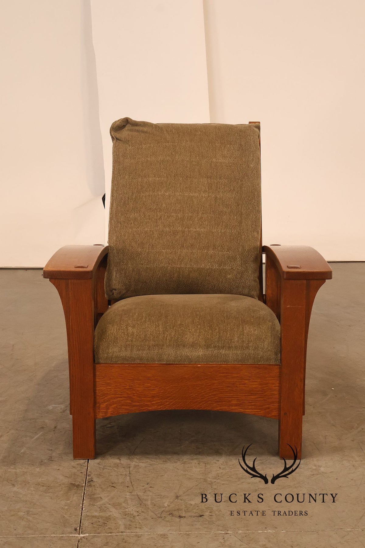 Stickley Mission Collection Oak And Custom Upholstery Bow Arm Morris Chair