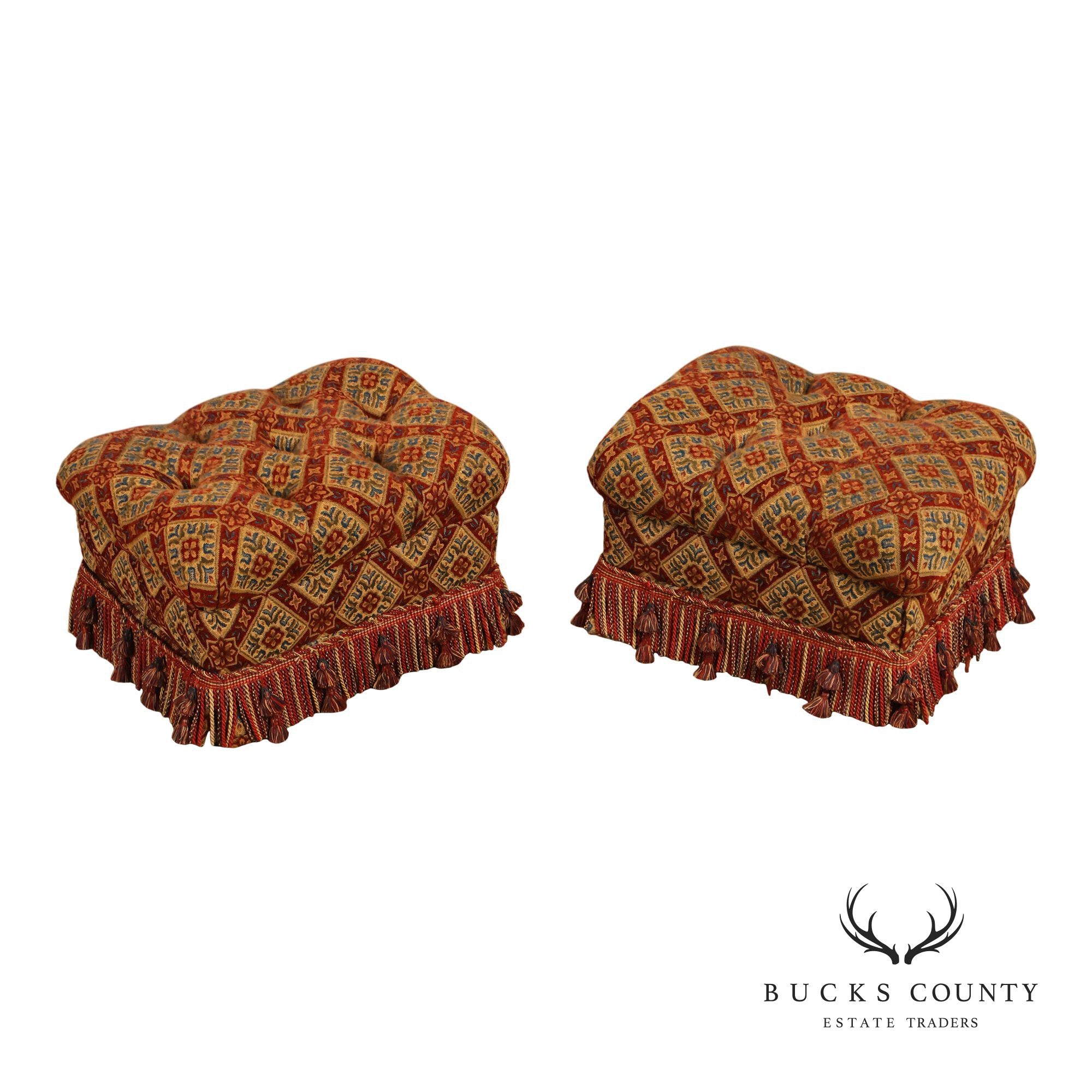 Pair of Tufted Upholstered Tassel Fringe Footstools Ottomans