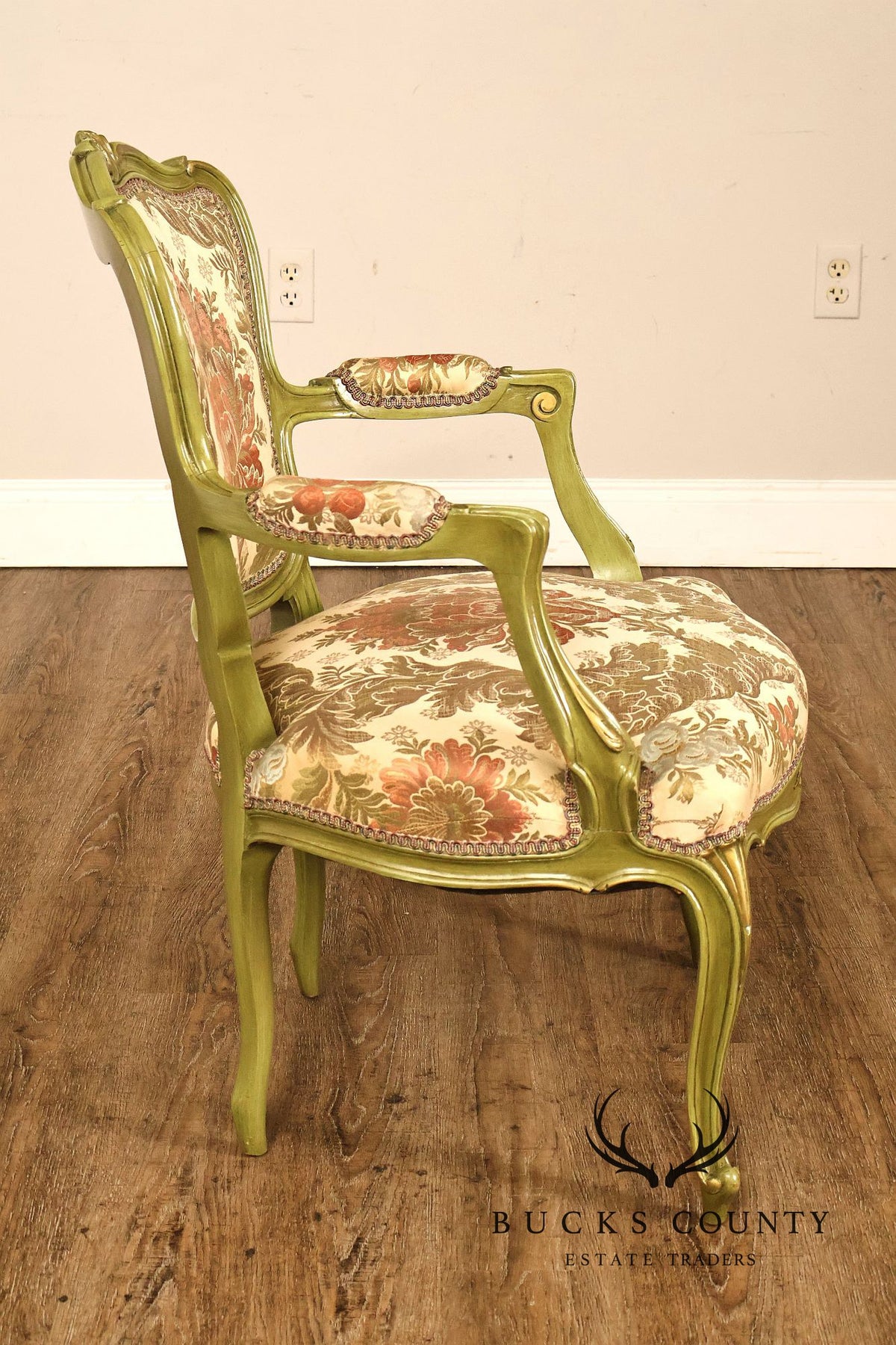 Vintage Louis XV Style Green Painted Floral Upholstered Armchair