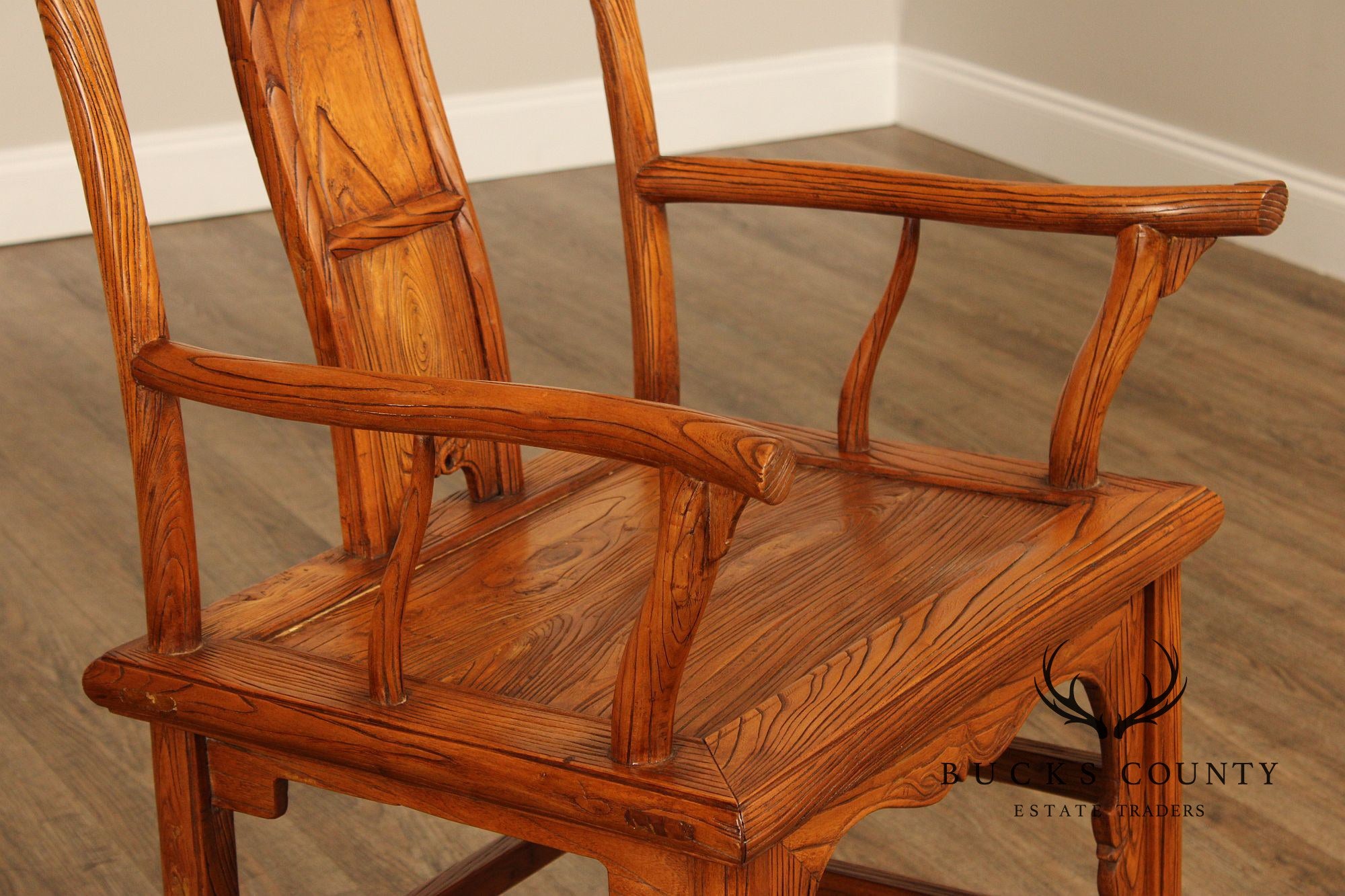 Asian Vintage Pair of Elm Yoke Back Armchairs