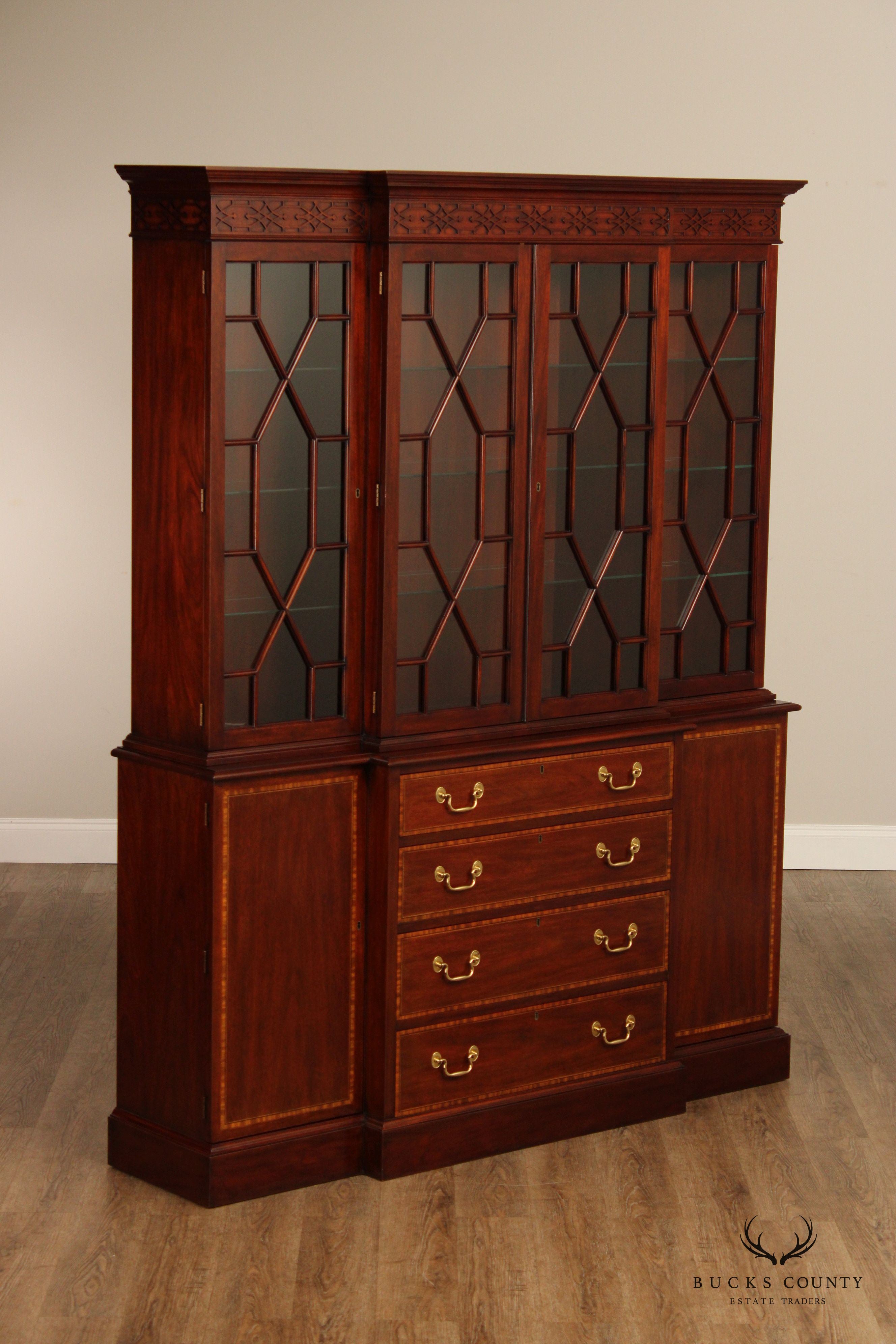 Henkel Harris Georgian Style Inlaid Mahogany Breakfront Bookcase