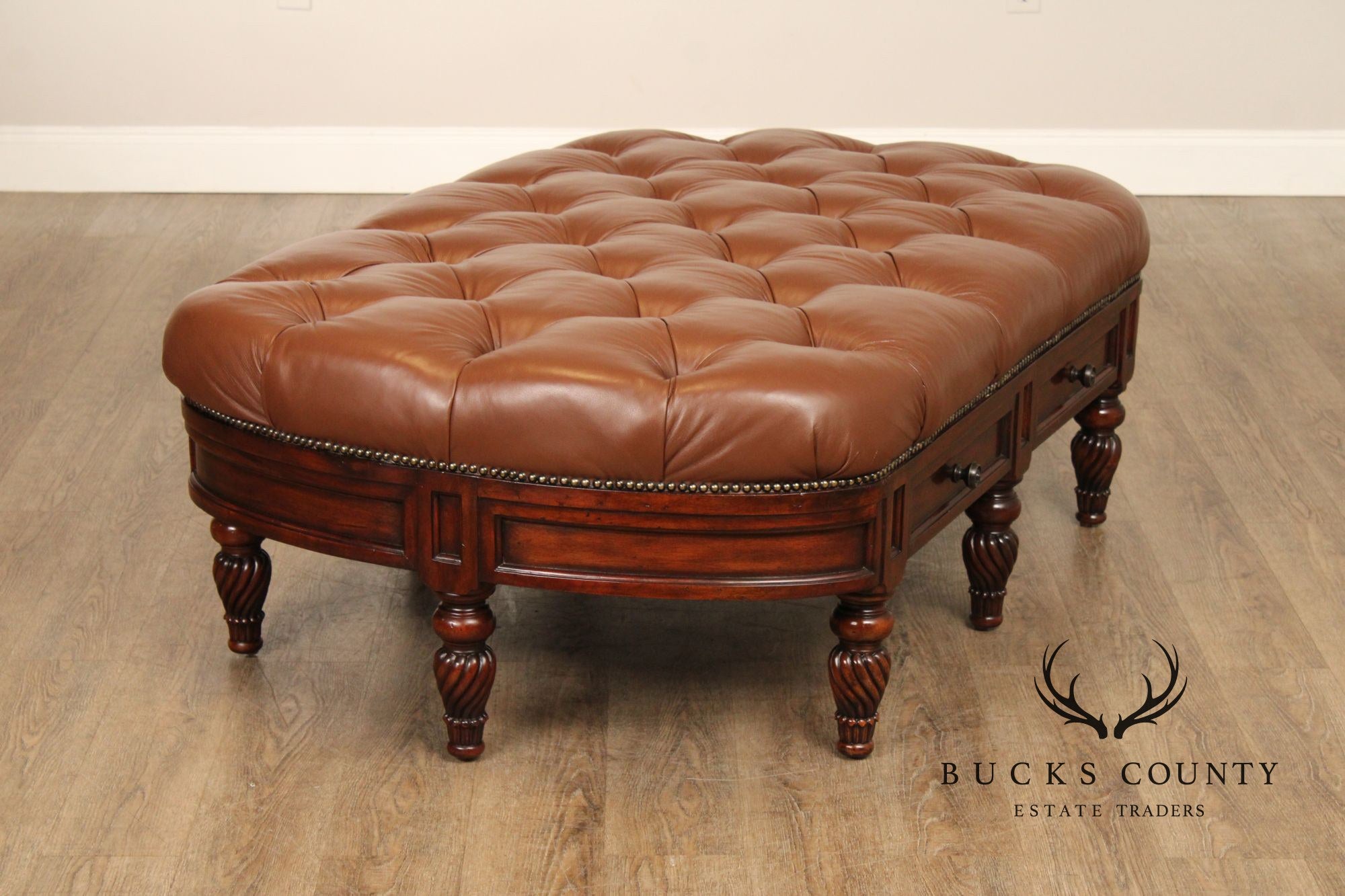 CTH Sherrill Occasional English Regency Style Tufted Leather Ottoman