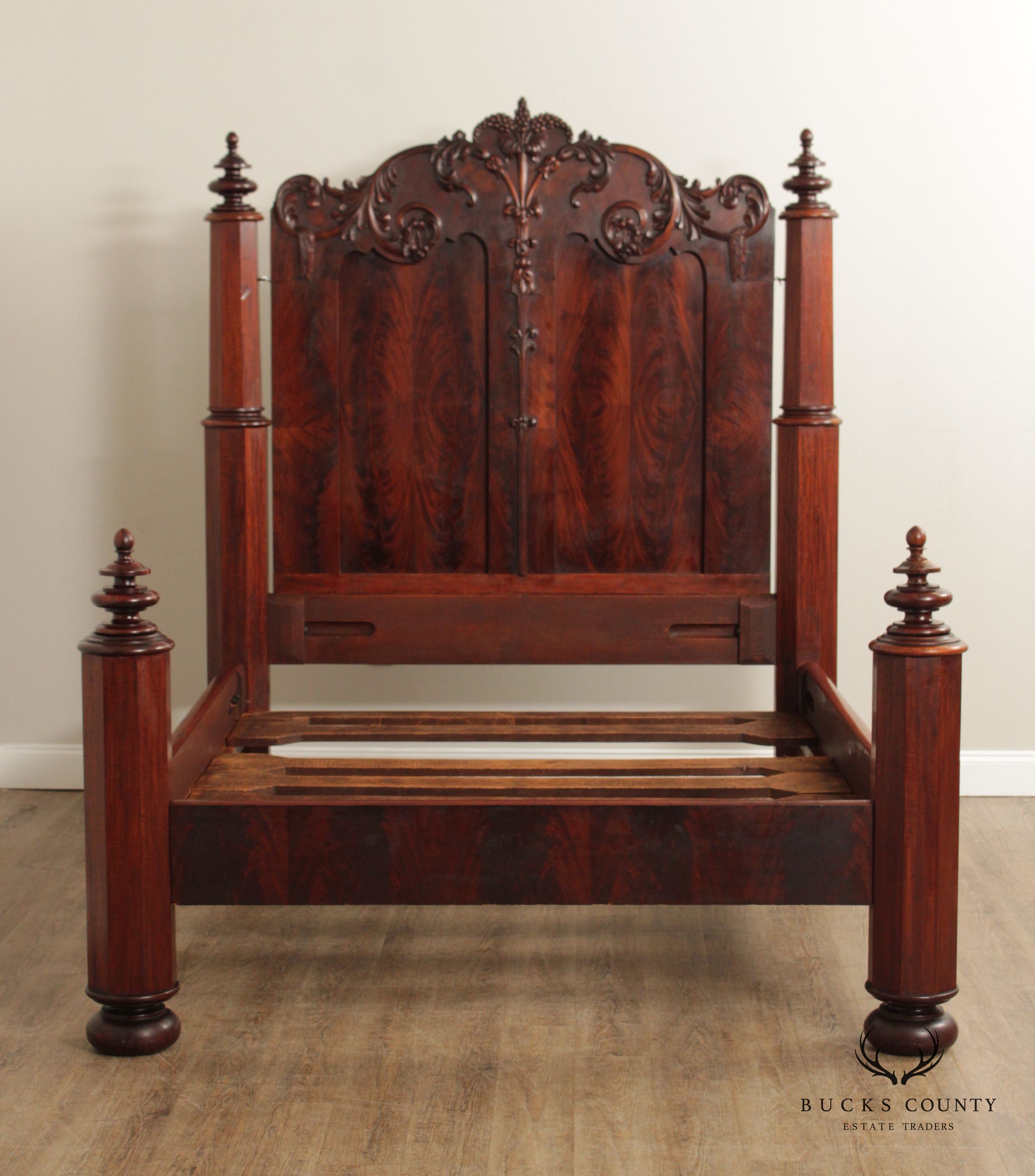 Antique Victorian Renaissance Revival Mahogany Queen Bed Frame