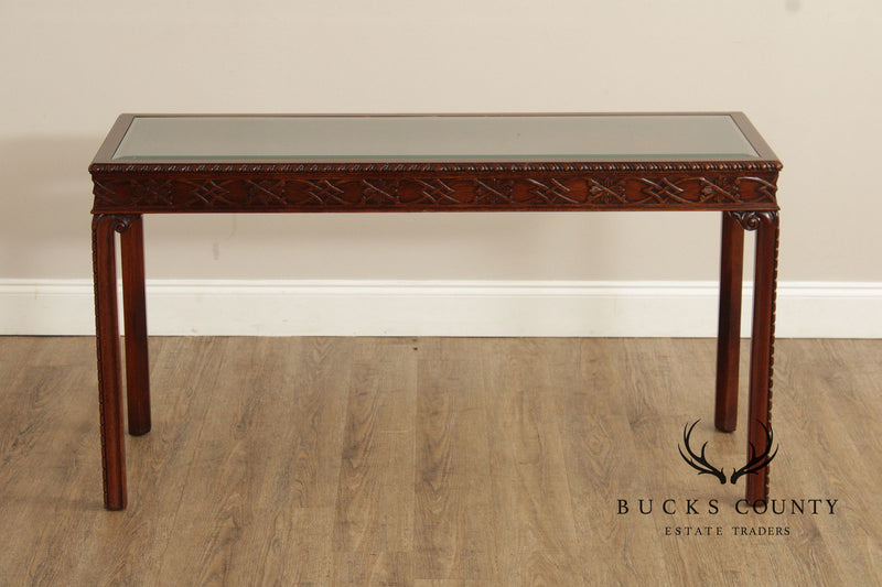 Chinese Chippendale Style Glass Top Mahogany Console Table