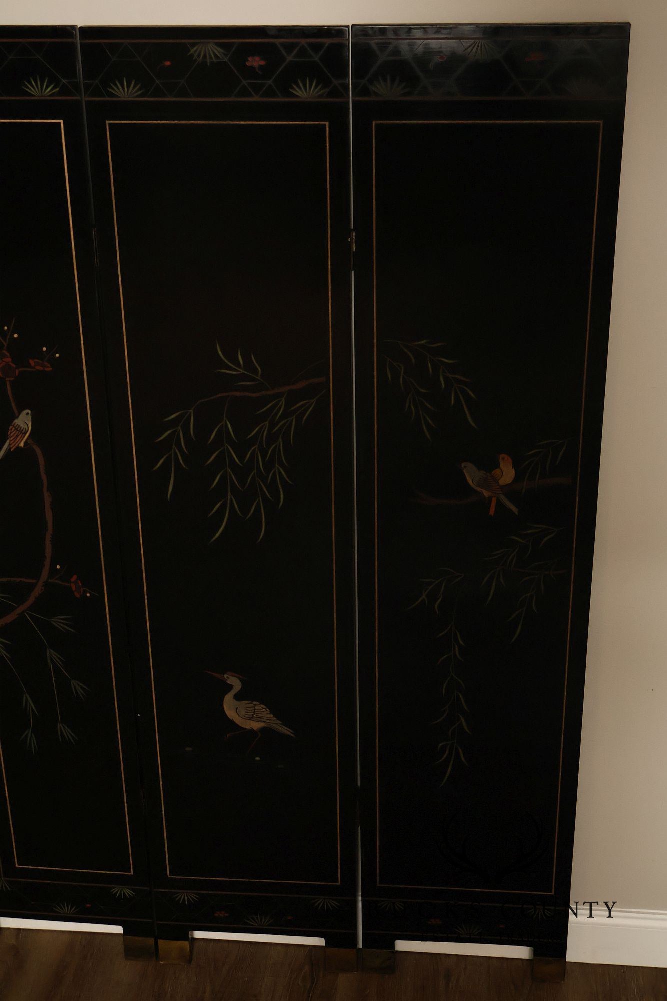 Asian Style Black Vintage Lacquer Six Panel Folding Screen