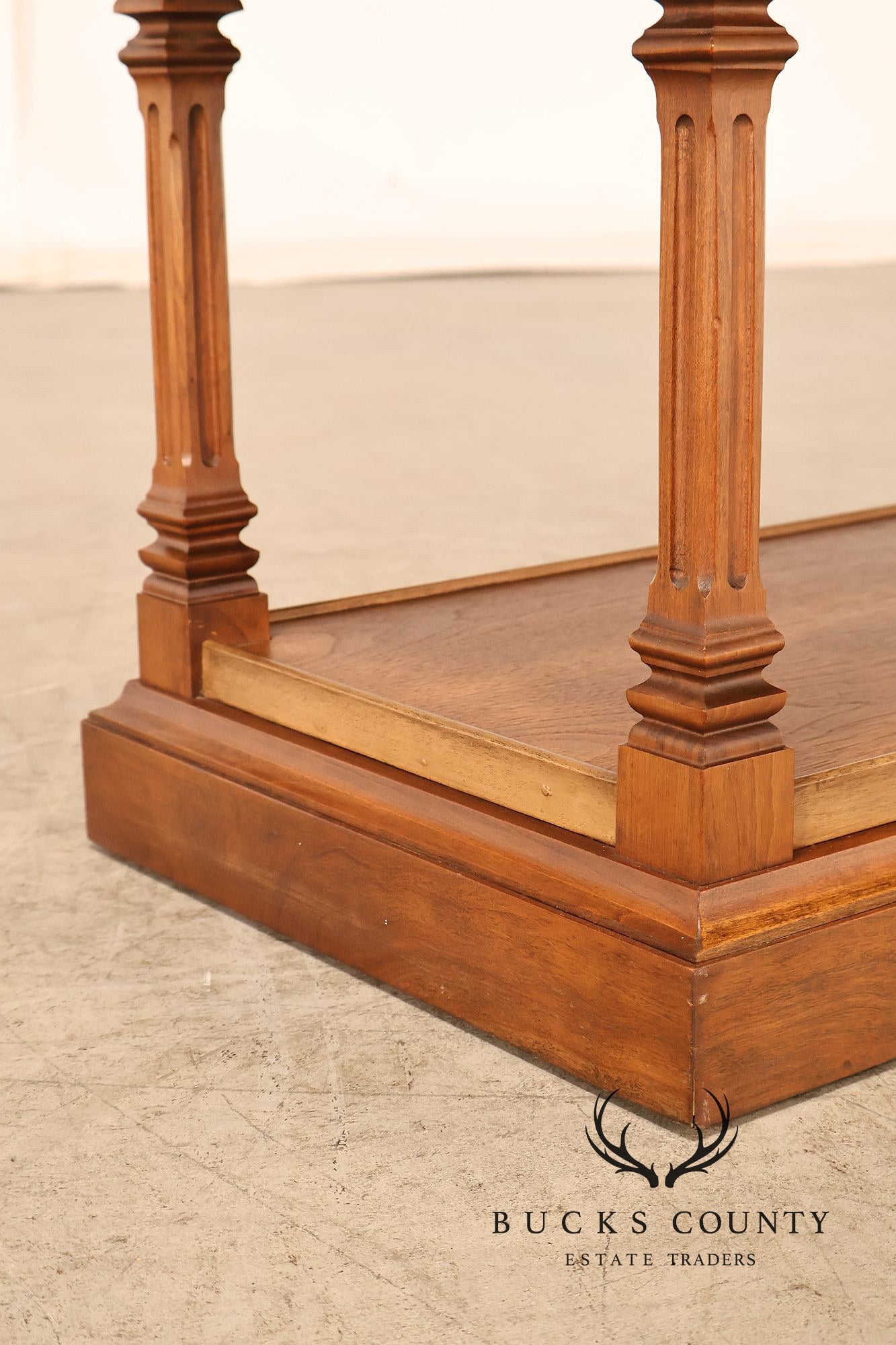 Brandt Furniture Regency Style Walnut Three-Tier Open Etagere Bookcase With Brass Ball Finials