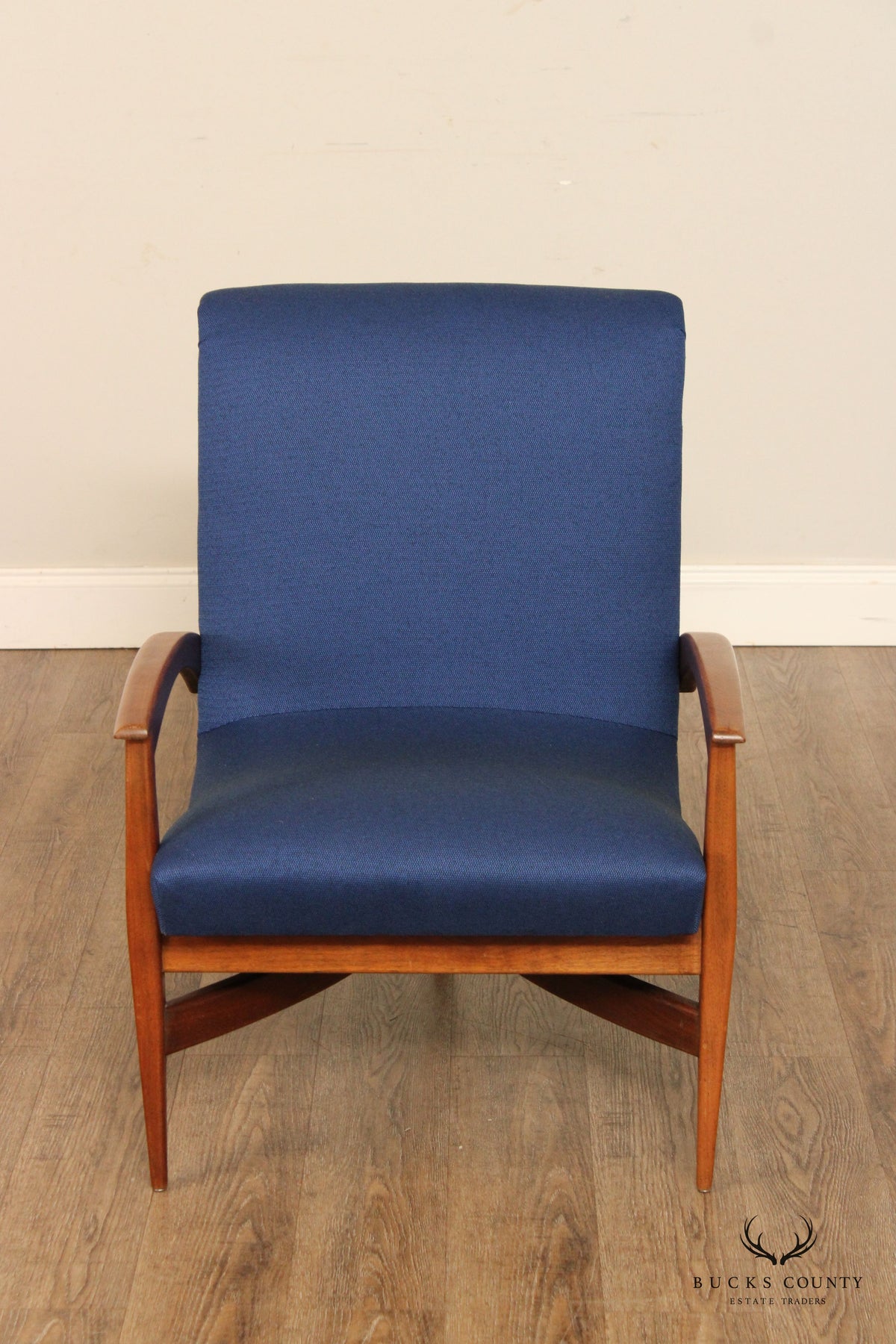 Quality Mid Century Modern Unusual Sculpted Walnut Pair Of Three Legged Lounge Chairs