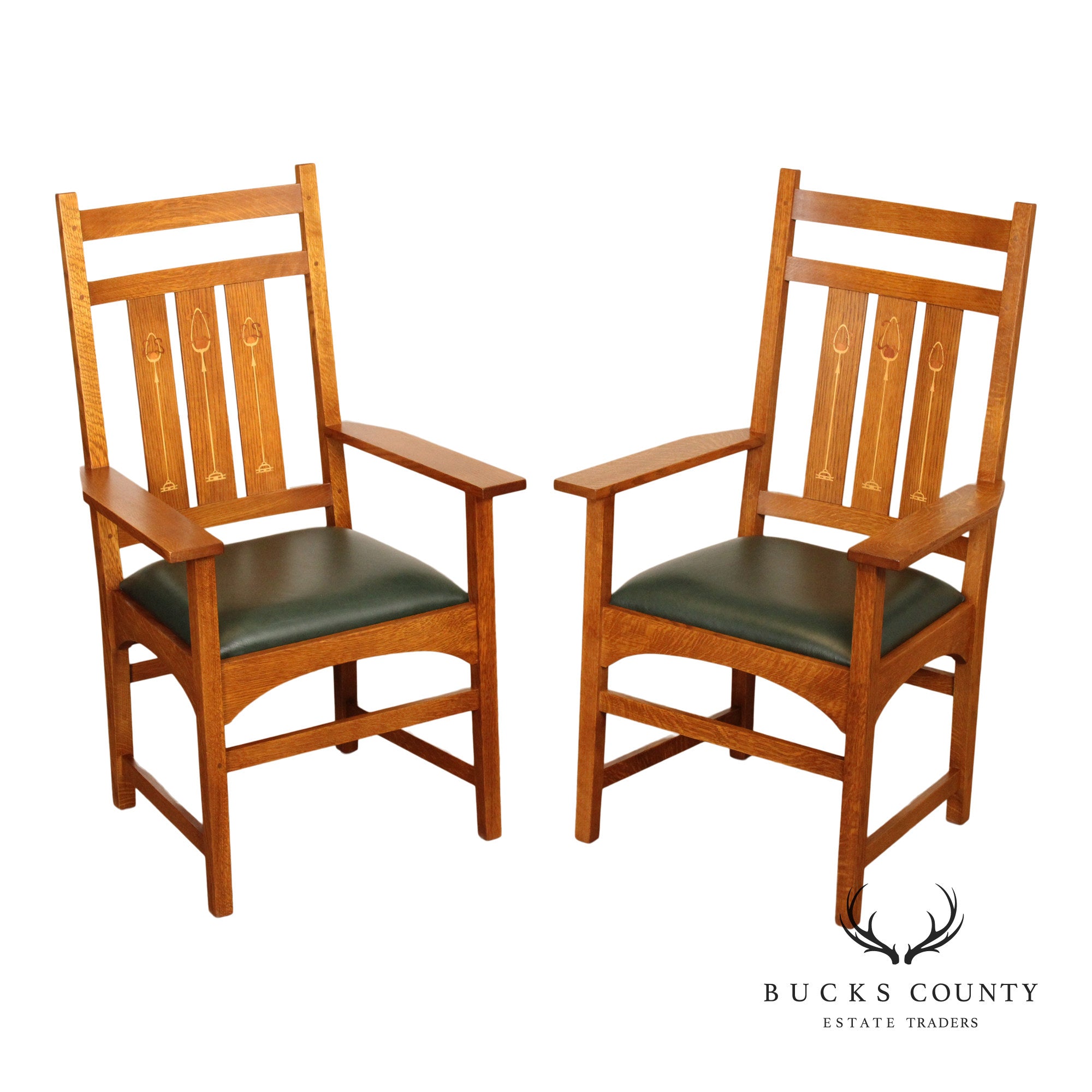 Stickley Mission Collection Pair of Harvey Ellis Inlaid Oak Dining Armchairs