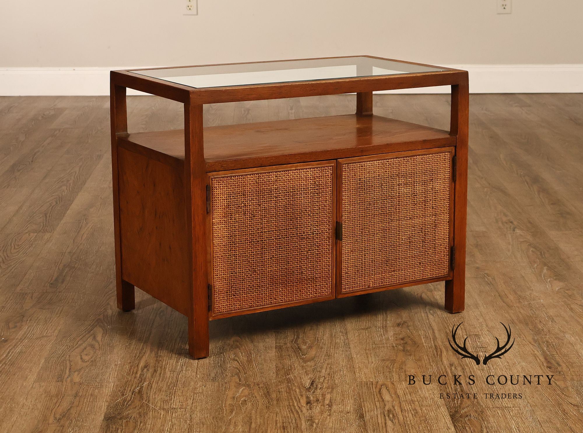 Mid-Century Modern Glass Top Walnut and Cane Side Cabinet