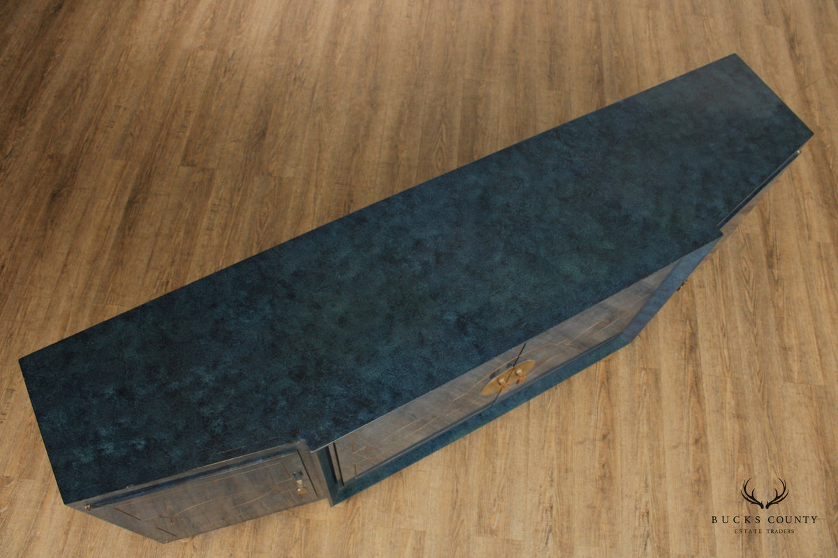 Hollywood Regency Blue Lacquered and Brass Sideboard