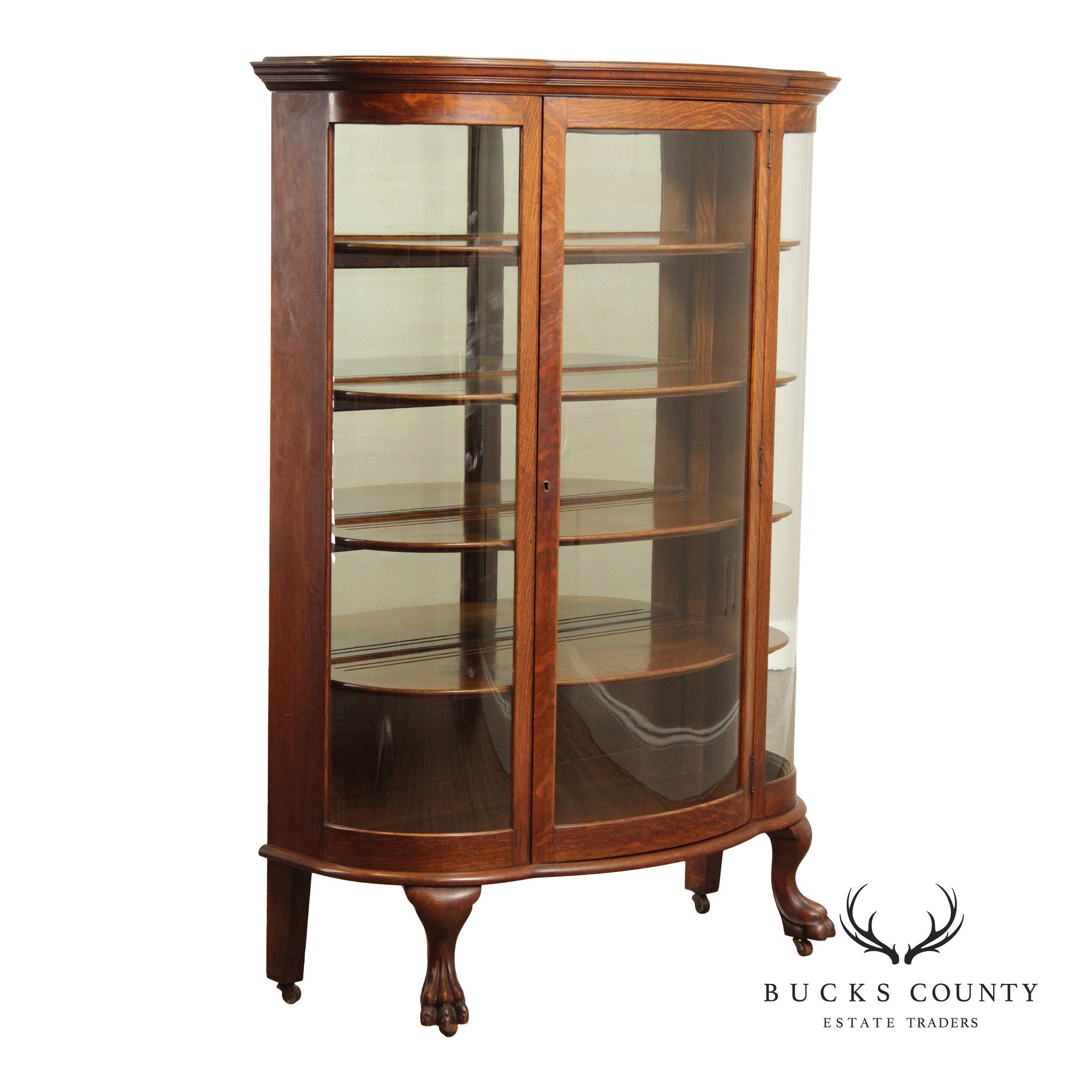 Antique Victorian Oak Curio Bow Glass China Cabinet