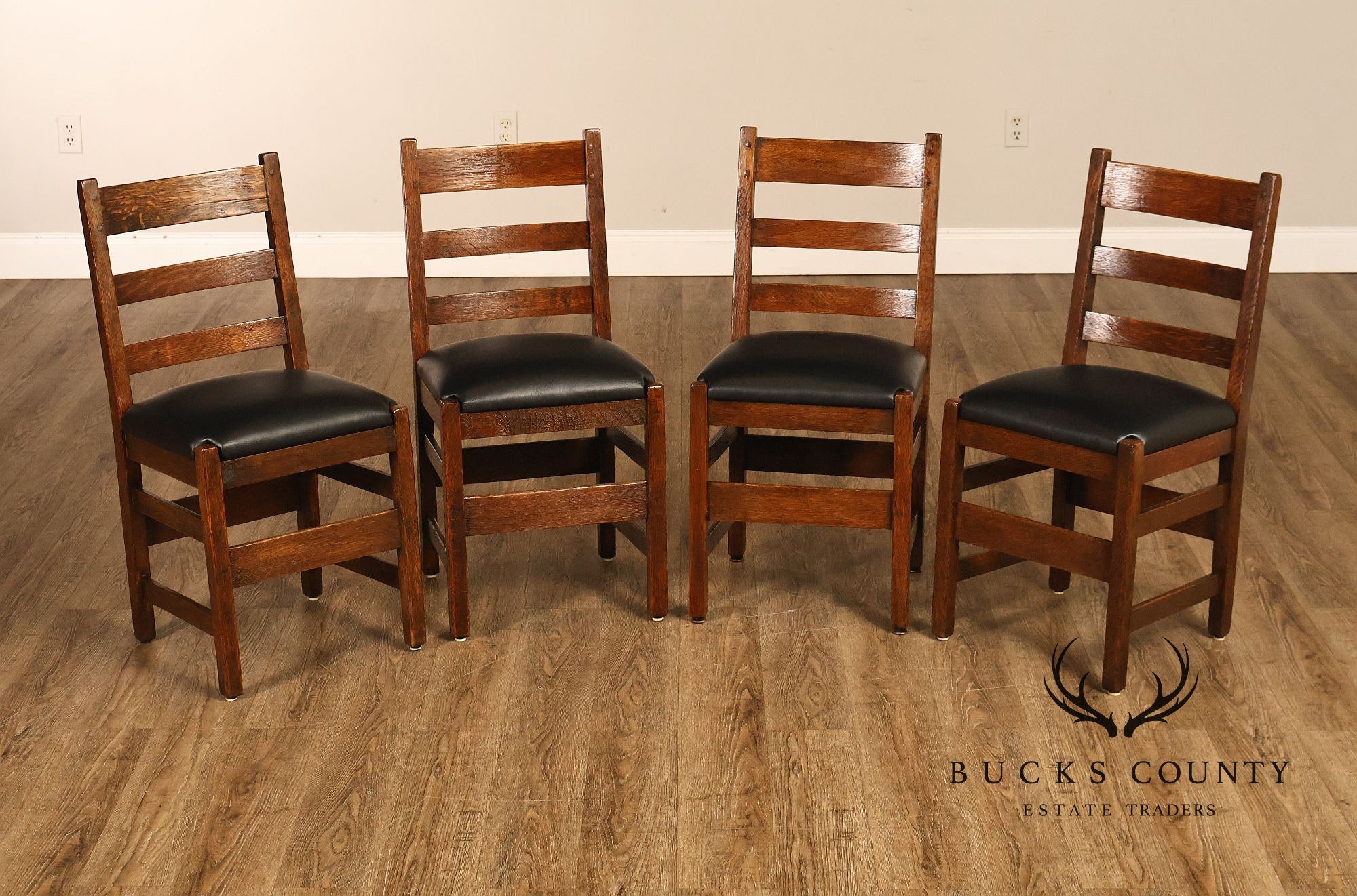 Antique L. & J.G. Stickley Mission Oak Set Of Four Ladder Back Dining Chairs