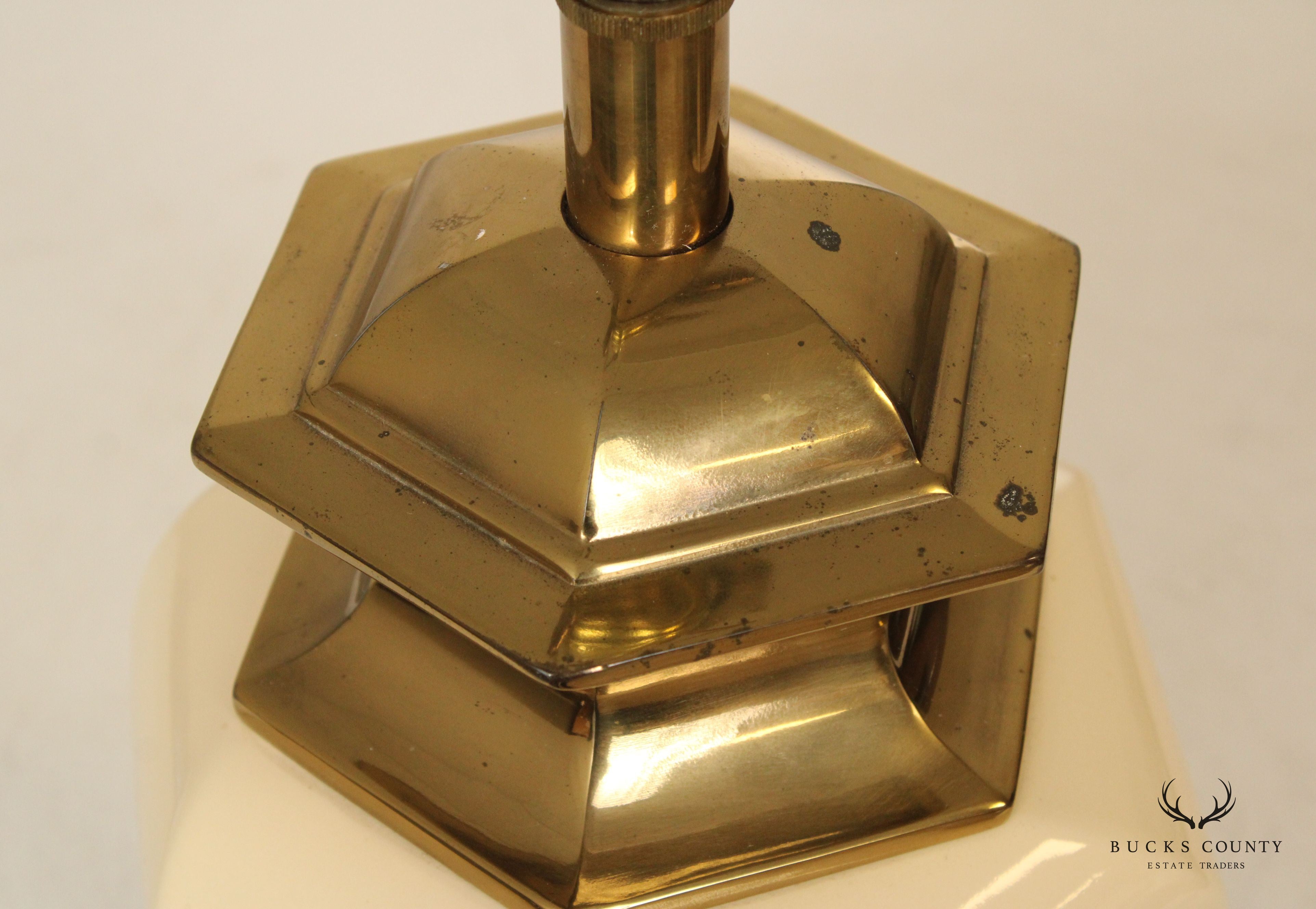 STIFFEL  BRASS AND CERAMIC PAIR OF VINTAGE HEXAGONAL TABLE LAMPS