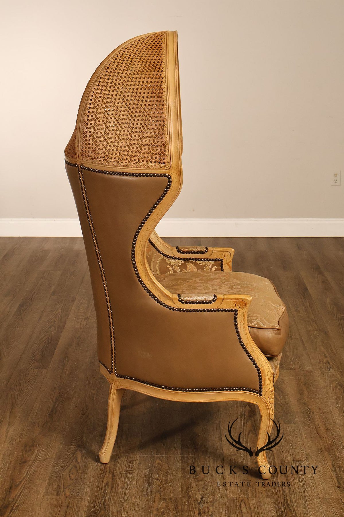Old Hickory Tannery French Louis XV Style Pair Of Cane And Leather Hooded Porter Chairs