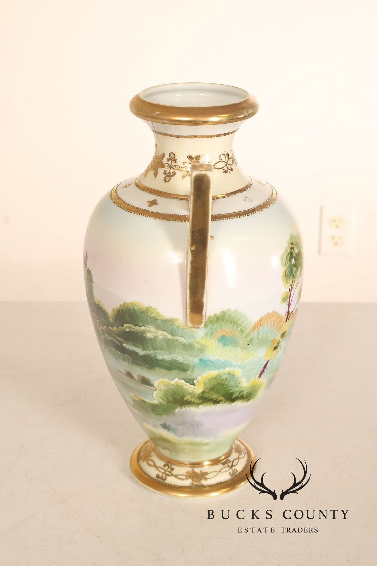 Antique Hand Painted Nippon Porcelain Twin Handle Landscape Urn With Gilt Decoration