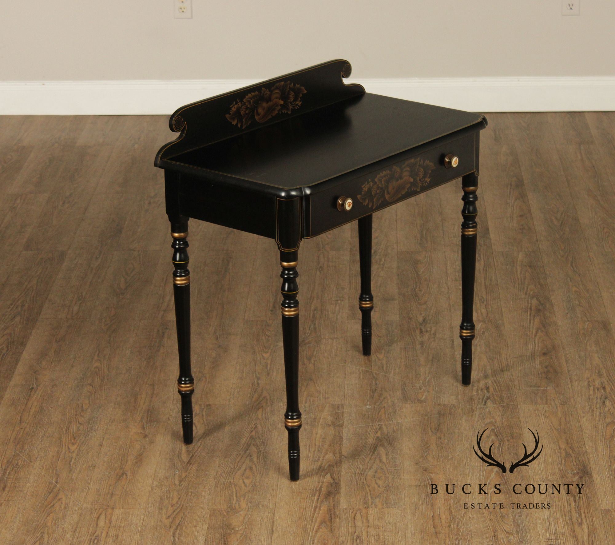 L. Hitchcock Black And Gold Stenciled Vanity Desk And Stool