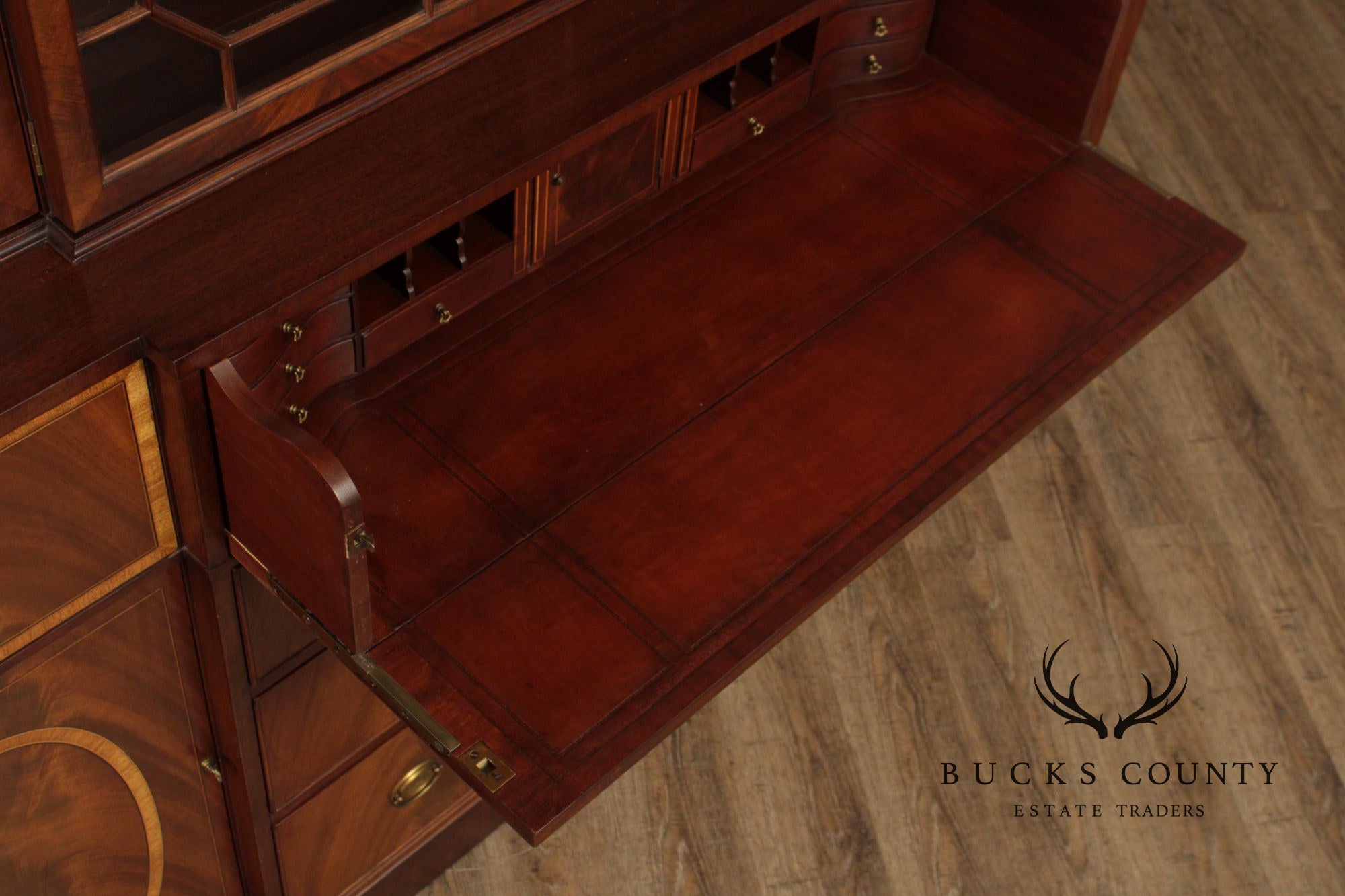 1940's Georgian Style Mahogany Breakfront Secretary Bookcase With Inlaid Detailing