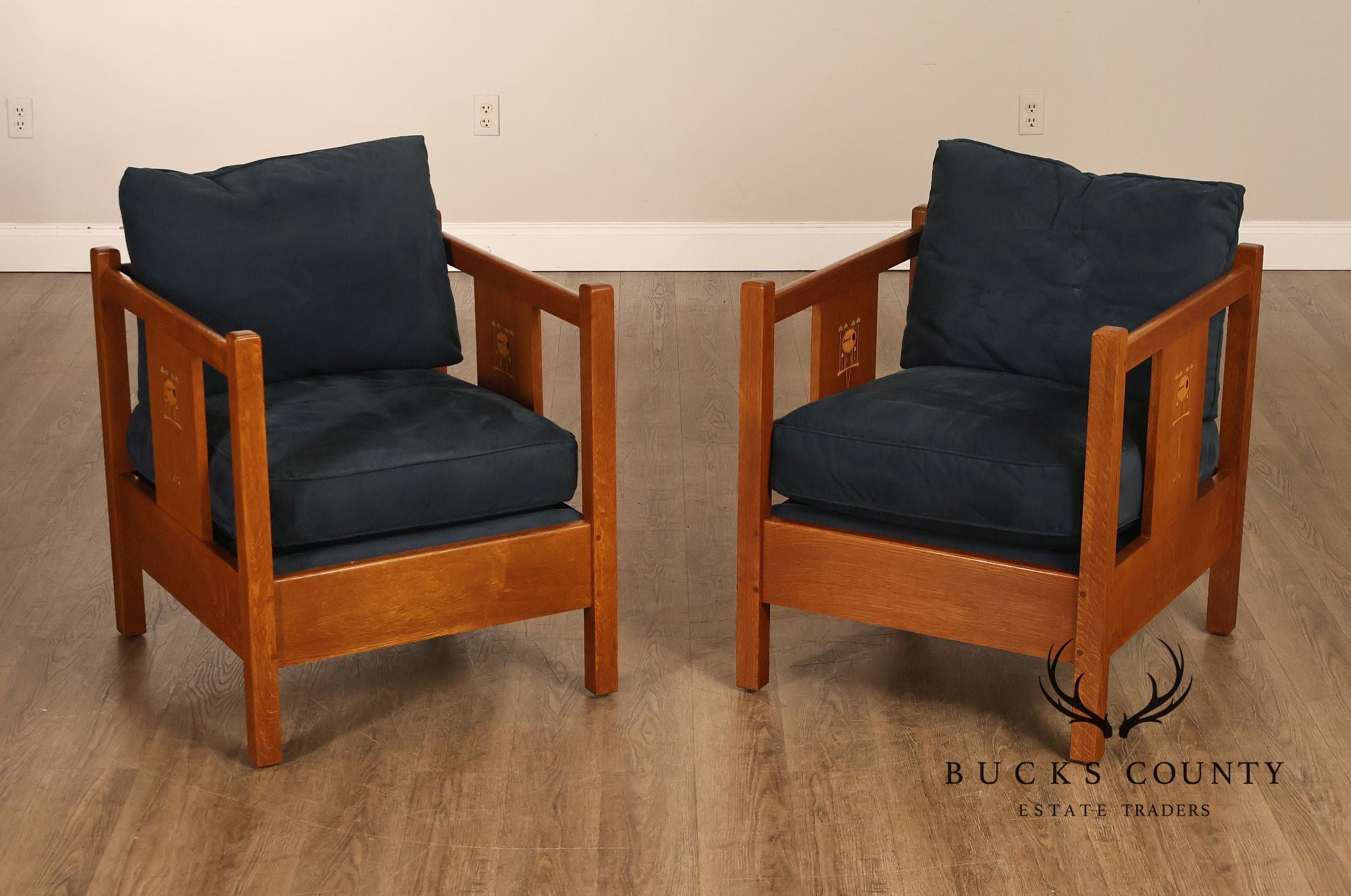 Stickley Mission Harvey Ellis Pair Of Inlaid Cube Chairs